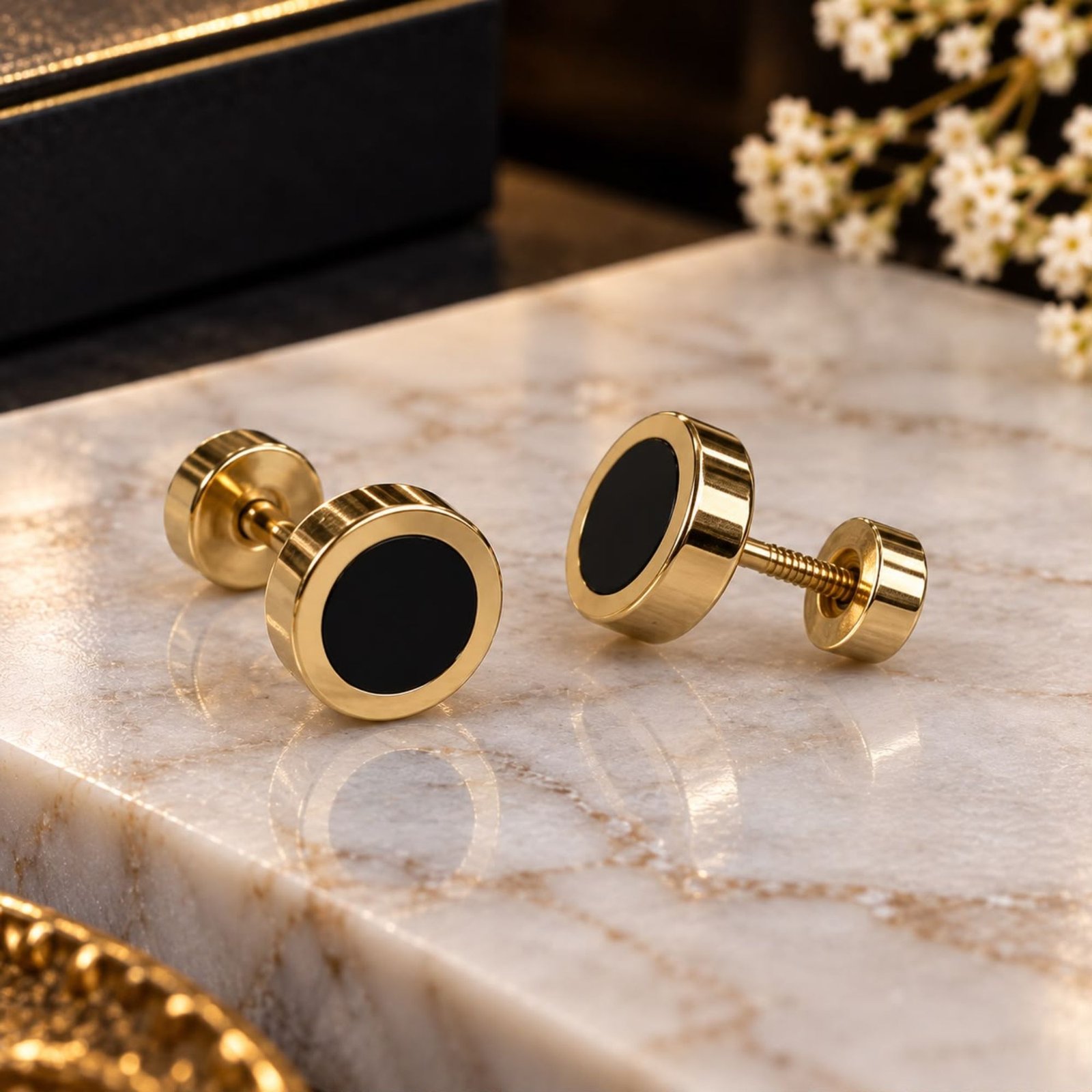 Unisex Black & Gold Round Stainless Steel Stud Earrings - Image 5