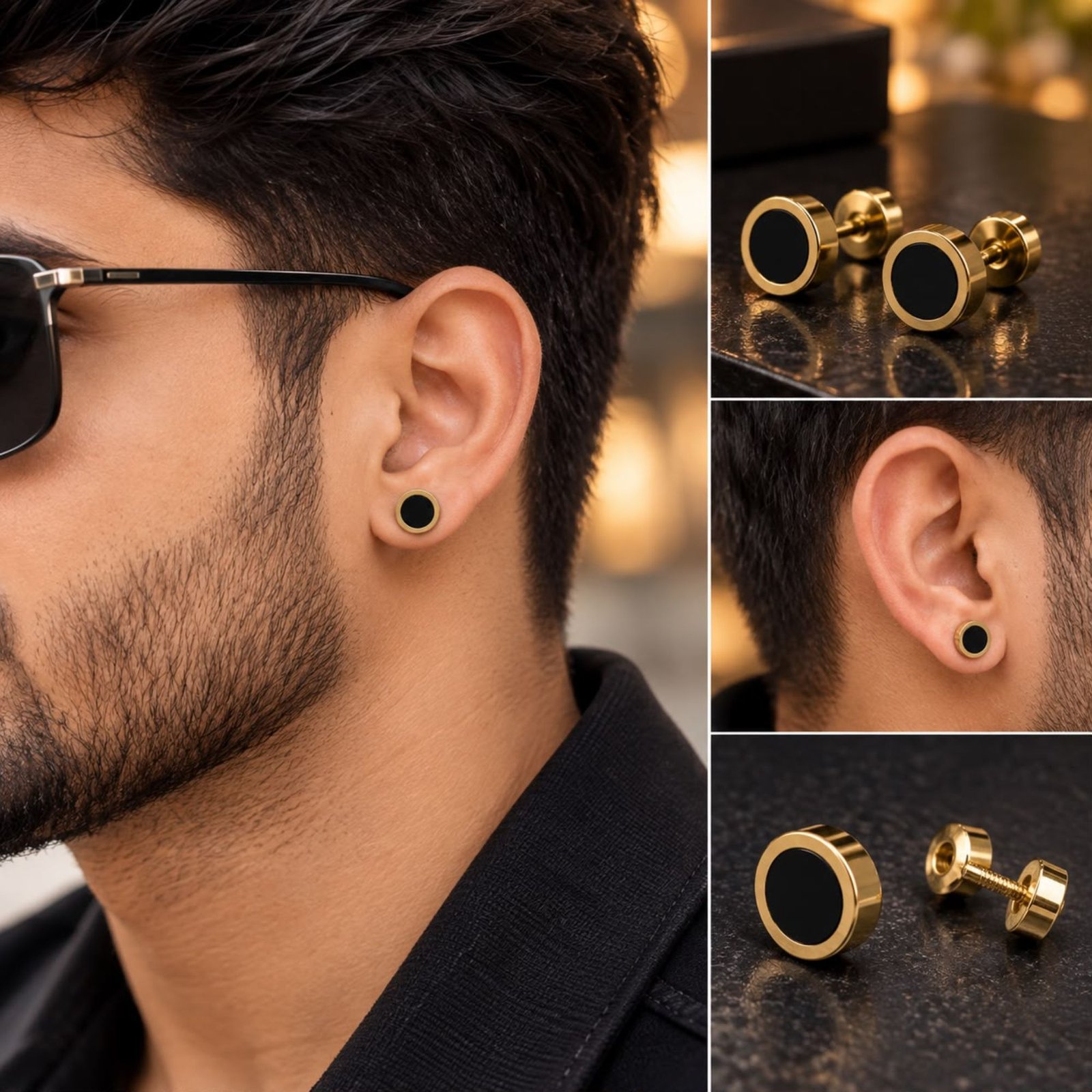 Unisex Black & Gold Round Stainless Steel Stud Earrings - Image 4