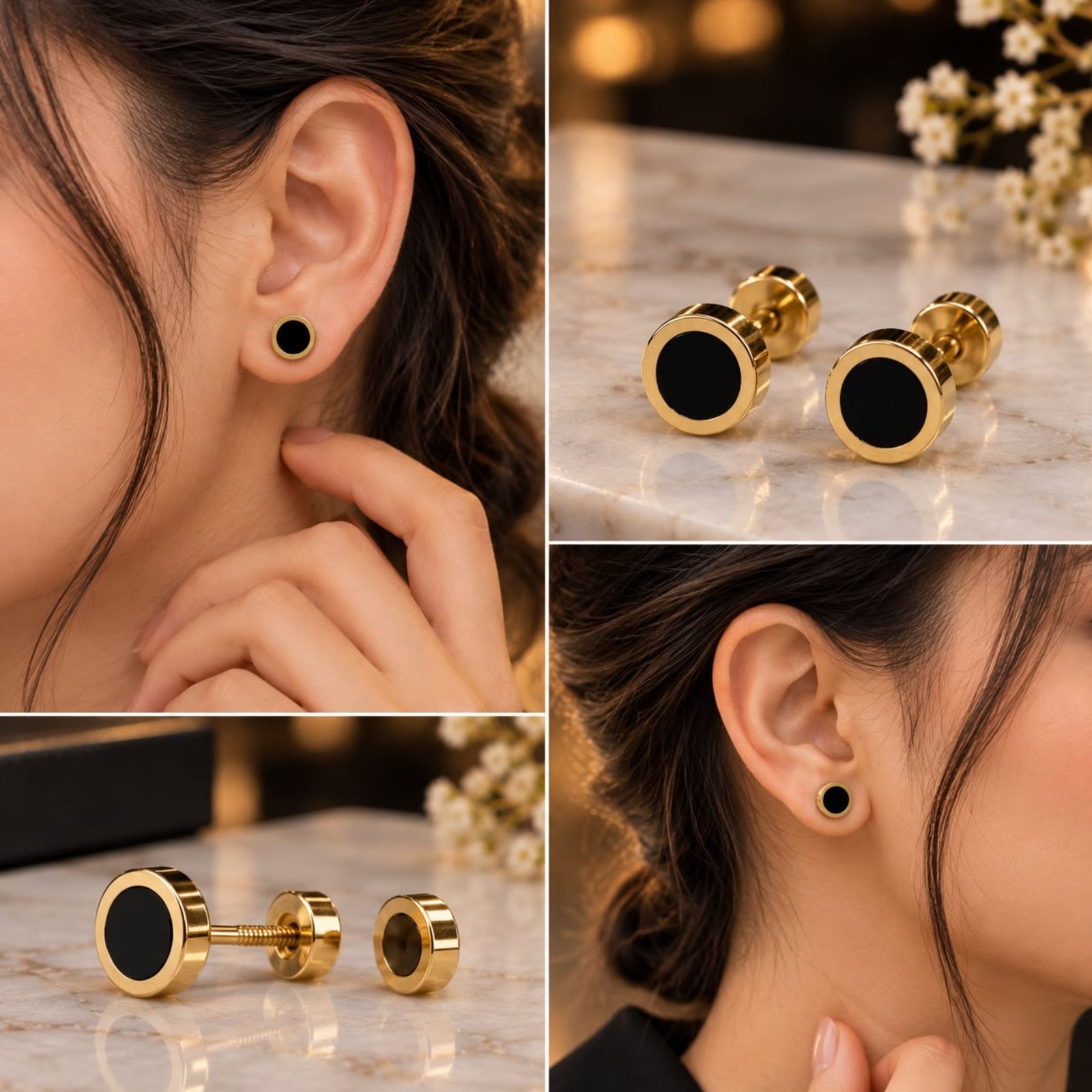 Unisex Black & Gold Round Stainless Steel Stud Earrings - Image 3