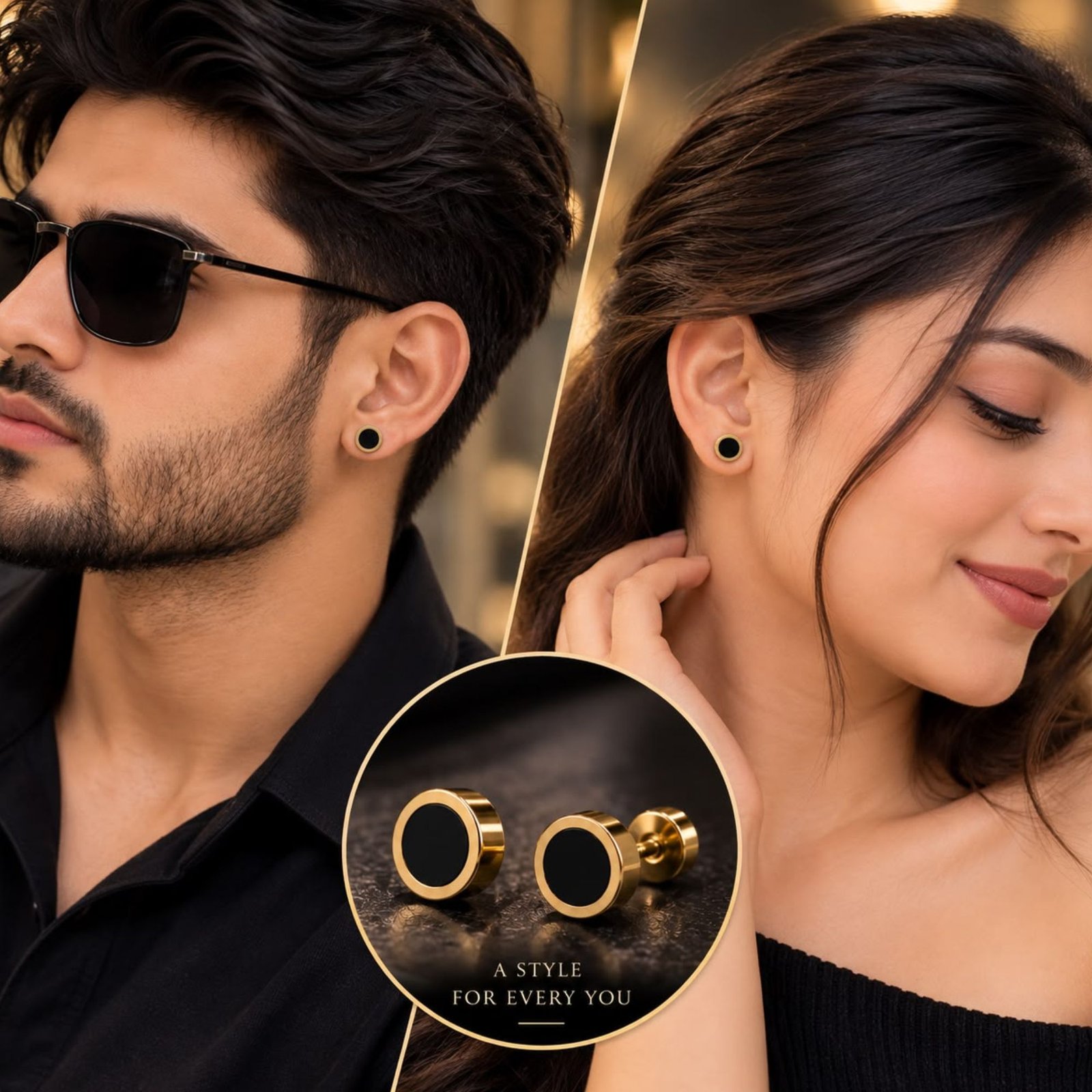 Unisex Black & Gold Round Stainless Steel Stud Earrings - Image 2