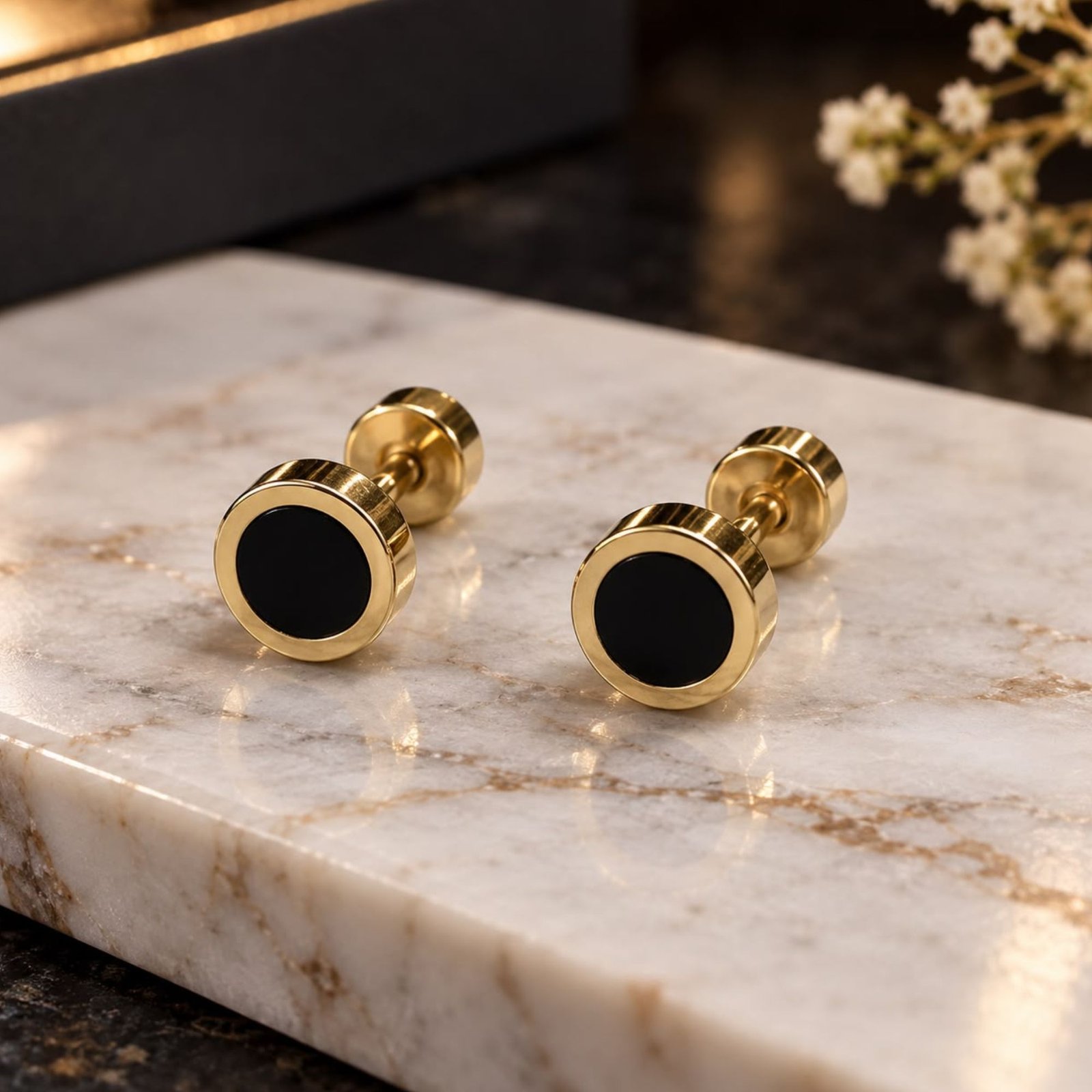 Unisex Black & Gold Round Stainless Steel Stud Earrings