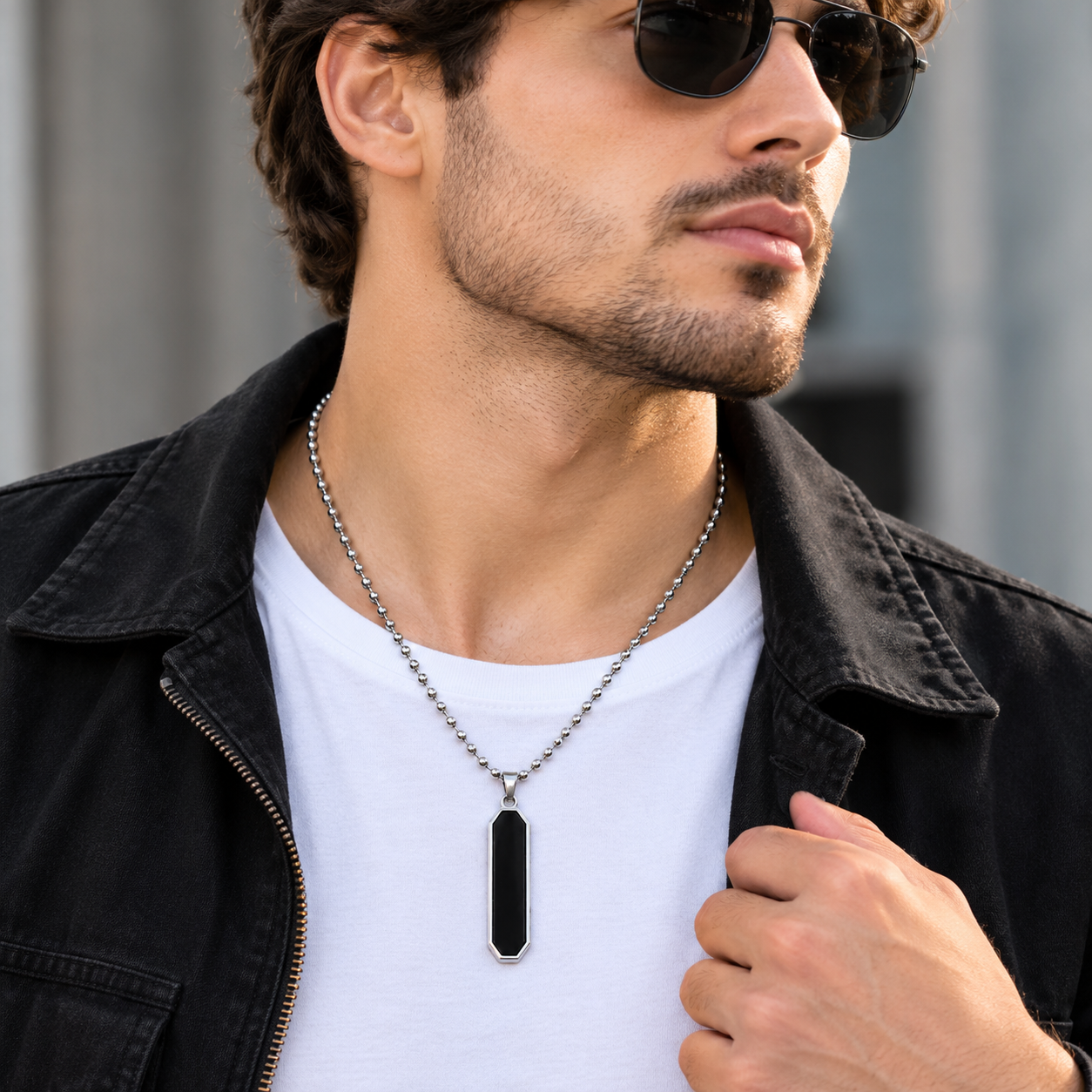 Unisex Stainless Steel Black Hexagon Bar Pendant Ball Chain Necklace - Image 2