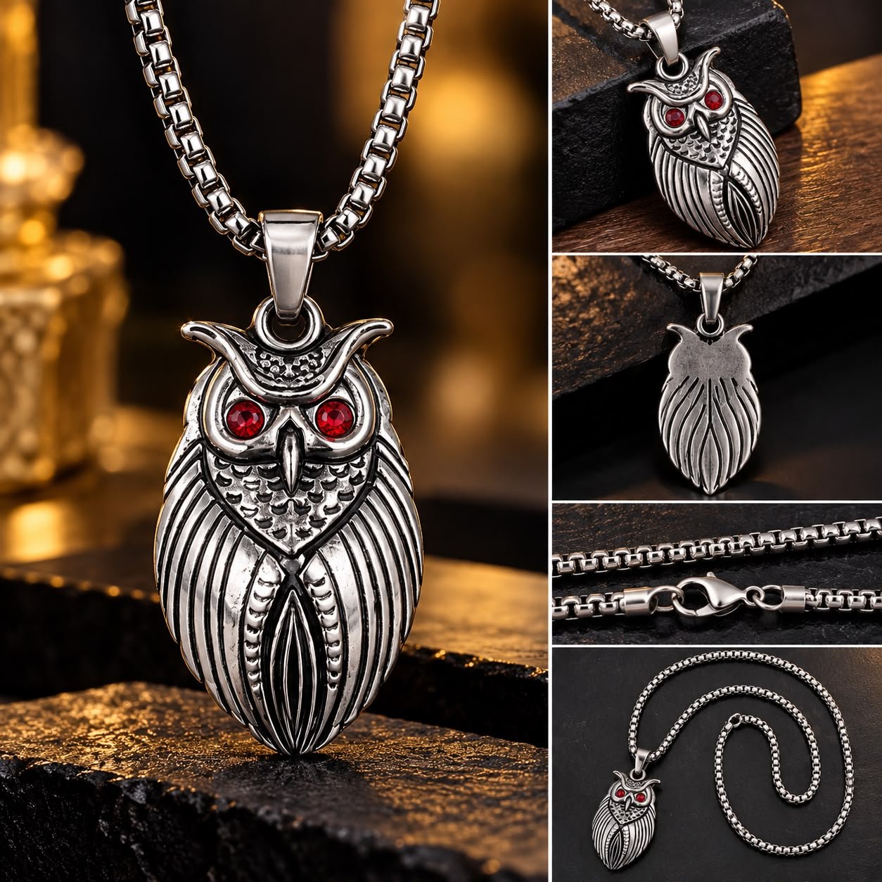 Antique Silver Owl Pendant Necklace with Red Crystal Eyes - Image 5