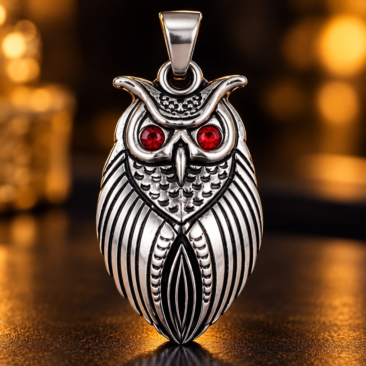 Antique Silver Owl Pendant Necklace with Red Crystal Eyes - Image 4