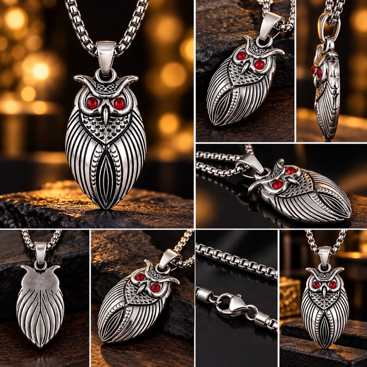 Antique Silver Owl Pendant Necklace with Red Crystal Eyes - Image 3