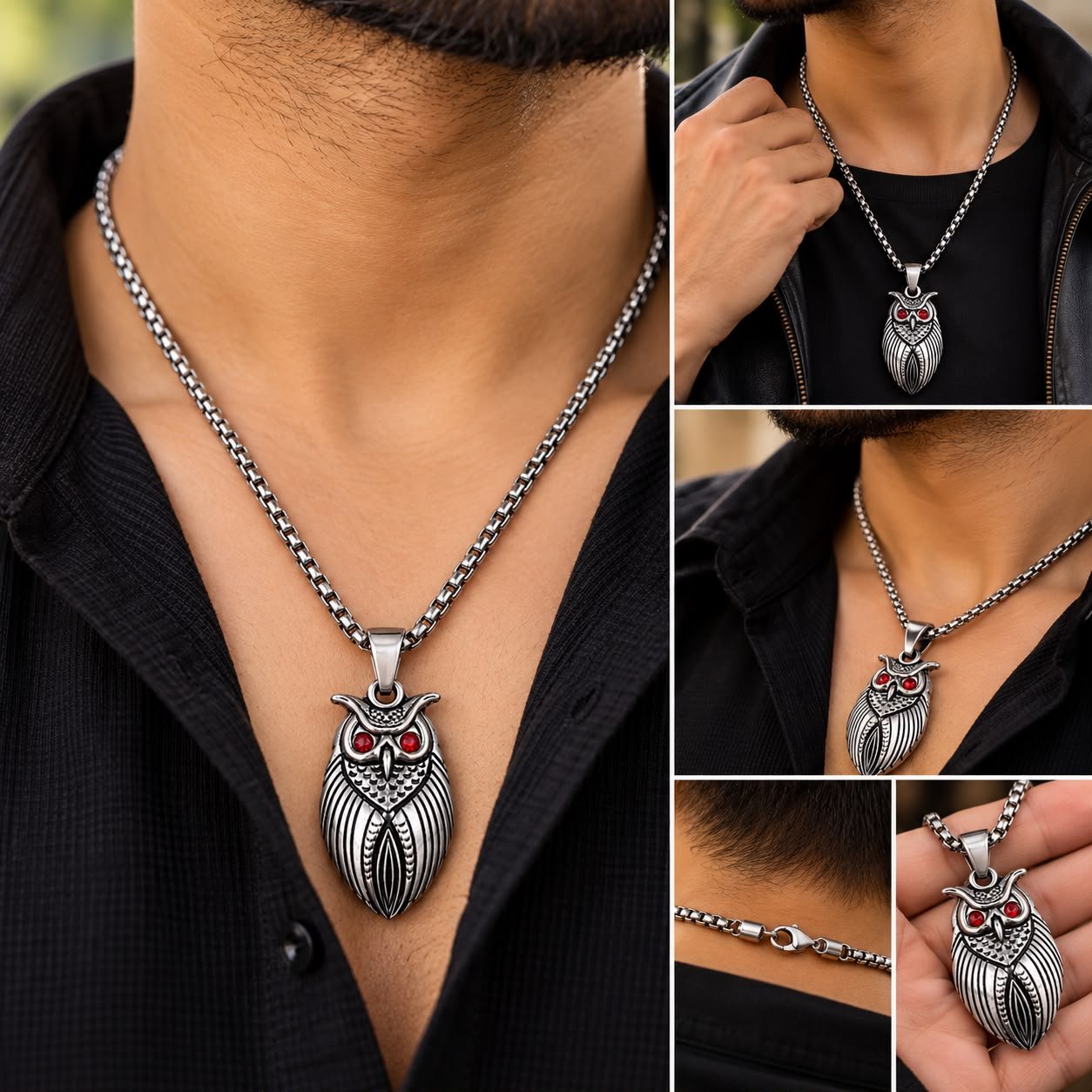 Antique Silver Owl Pendant Necklace with Red Crystal Eyes - Image 2