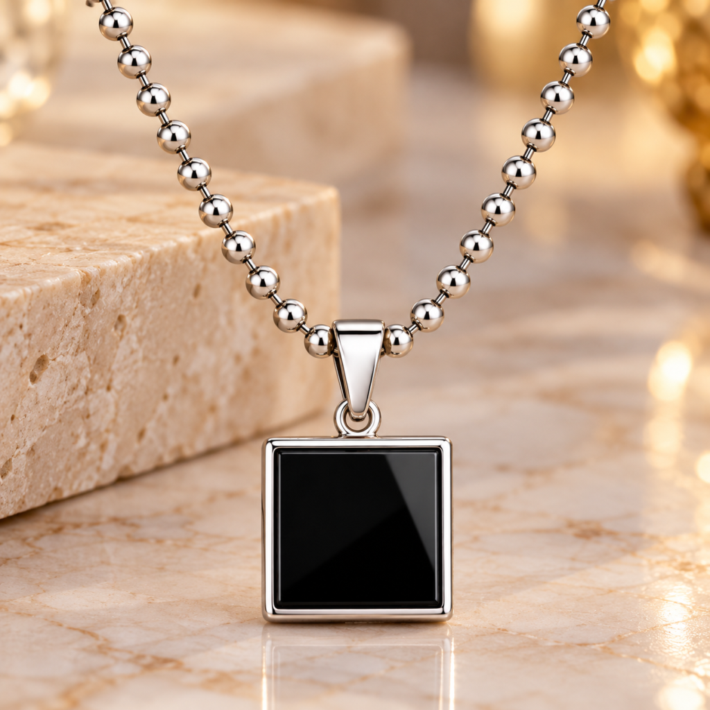 Unisex Stainless Steel Black Square Pendant Ball Chain Necklace