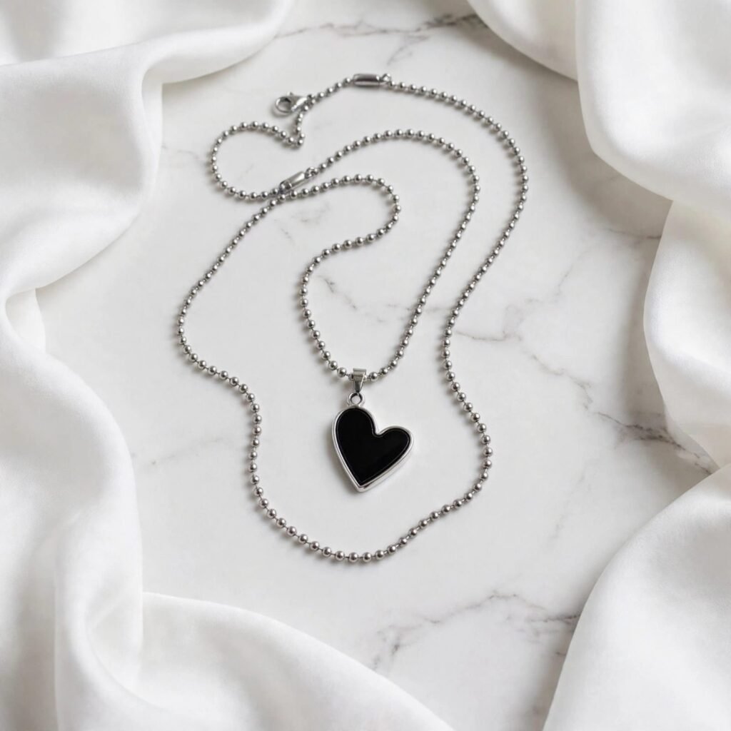Unisex Stainless Steel Black Heart Pendant Ball Chain Necklace