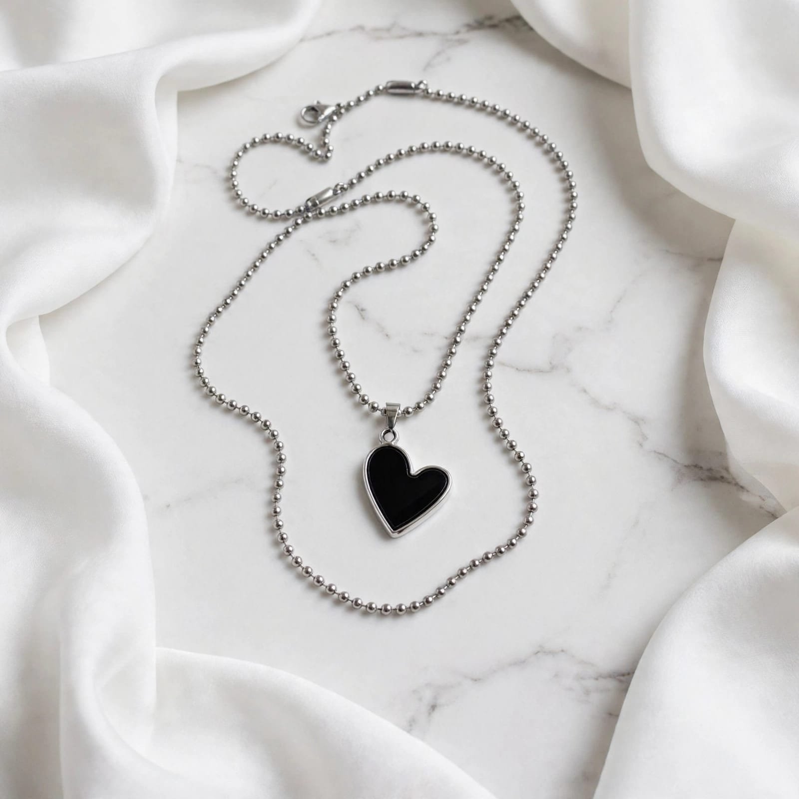 Unisex Stainless Steel Black Heart Pendant Ball Chain Necklace