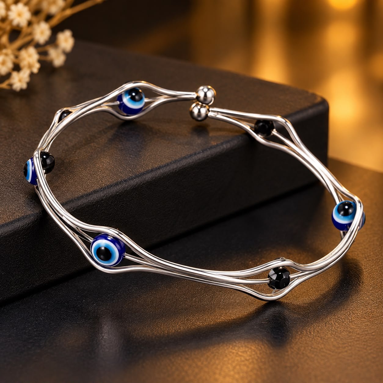Evil Eye & Black Bead Silver Bangle Bracelet