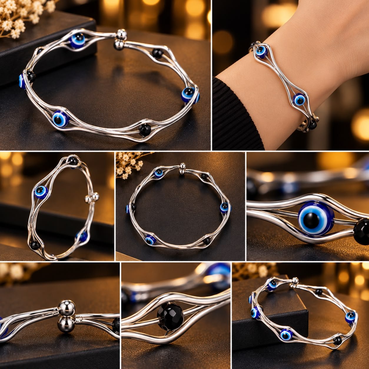 Evil Eye & Black Bead Silver Bangle Bracelet - Image 2