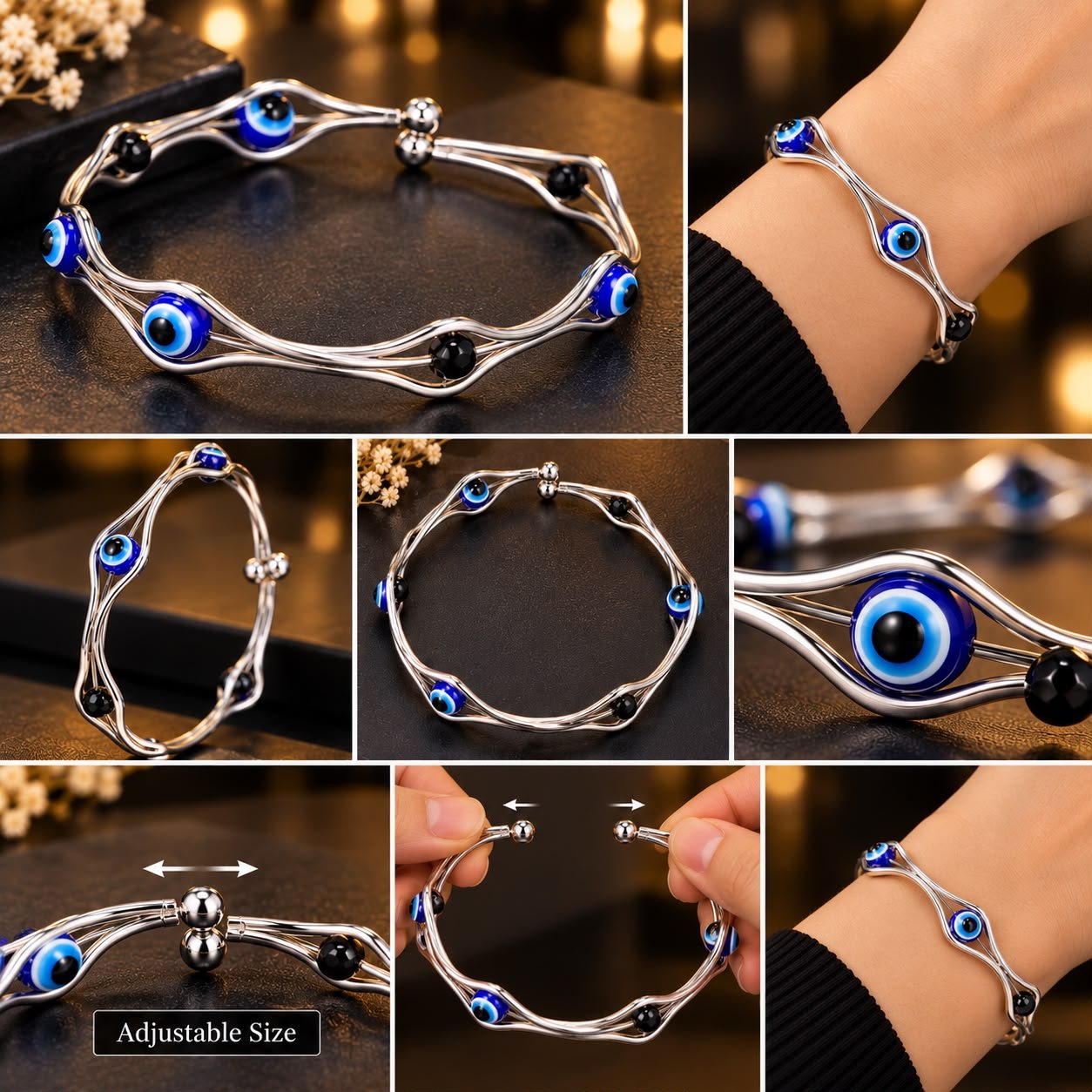 Evil Eye & Black Bead Silver Bangle Bracelet - Image 3
