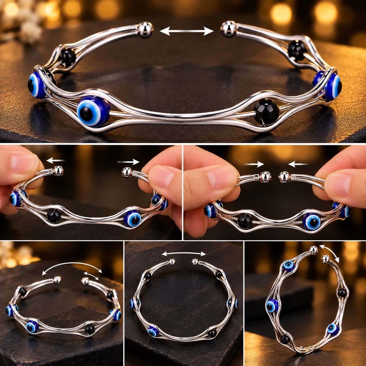 Evil Eye & Black Bead Silver Bangle Bracelet - Image 4