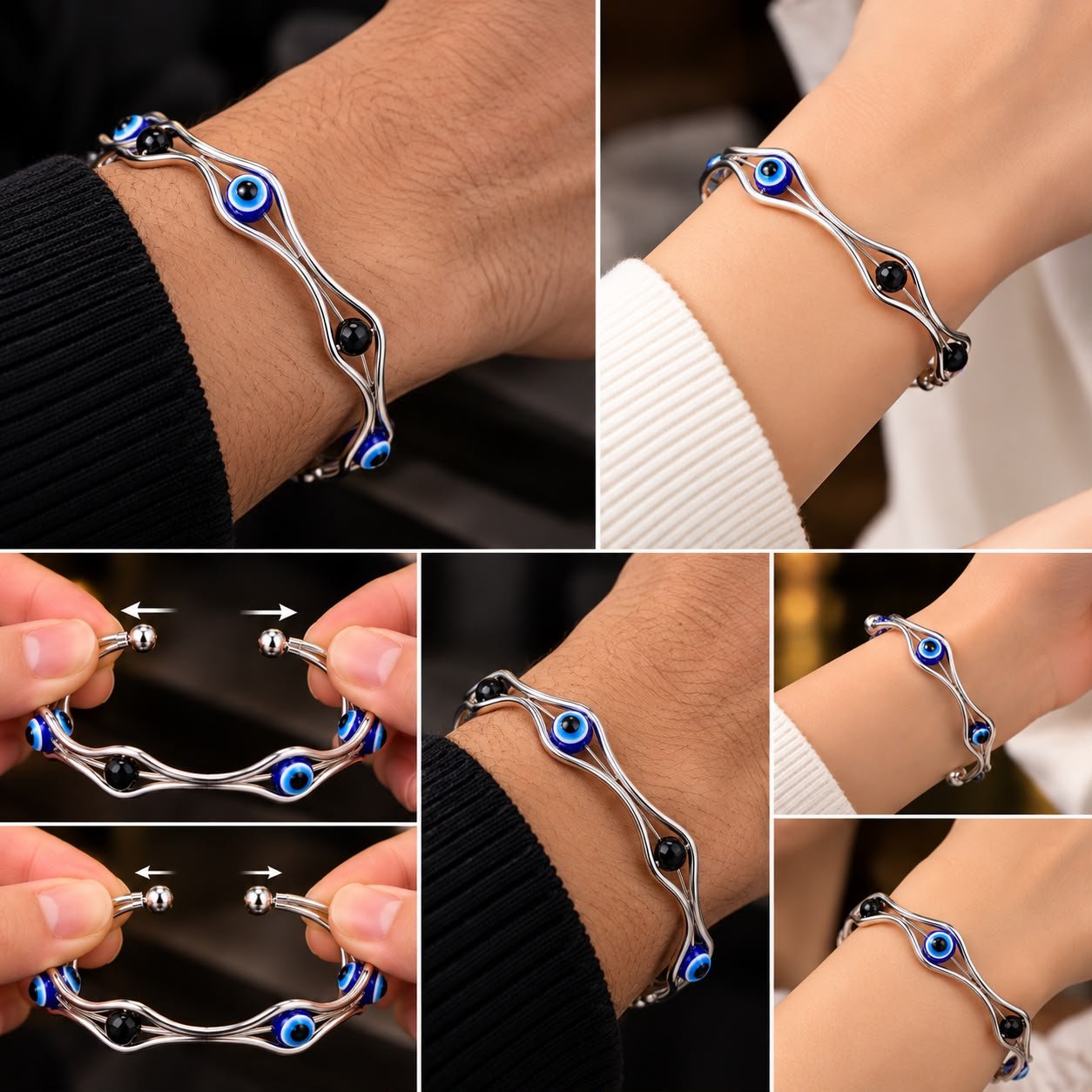 Evil Eye & Black Bead Silver Bangle Bracelet - Image 5