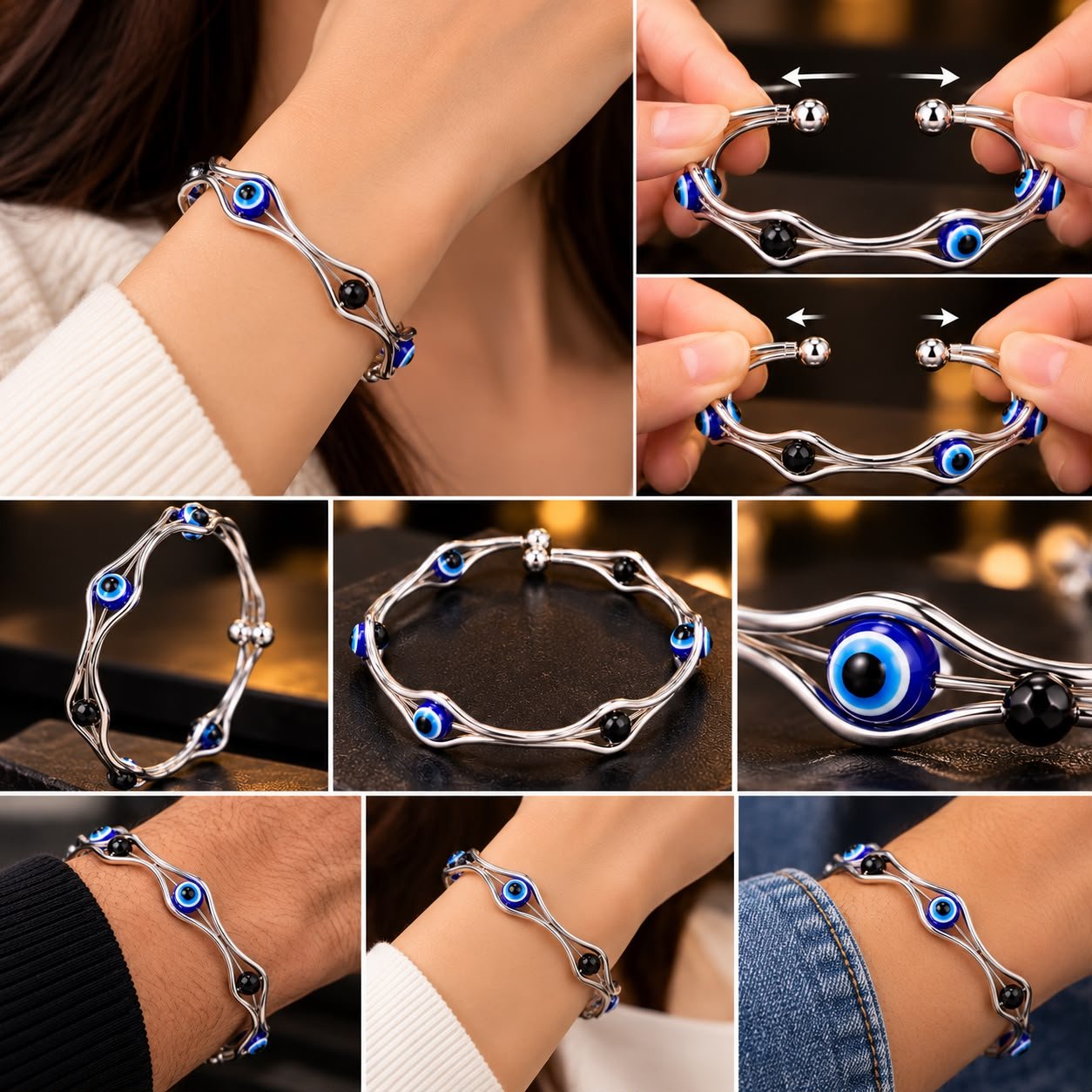 Evil Eye & Black Bead Silver Bangle Bracelet - Image 6