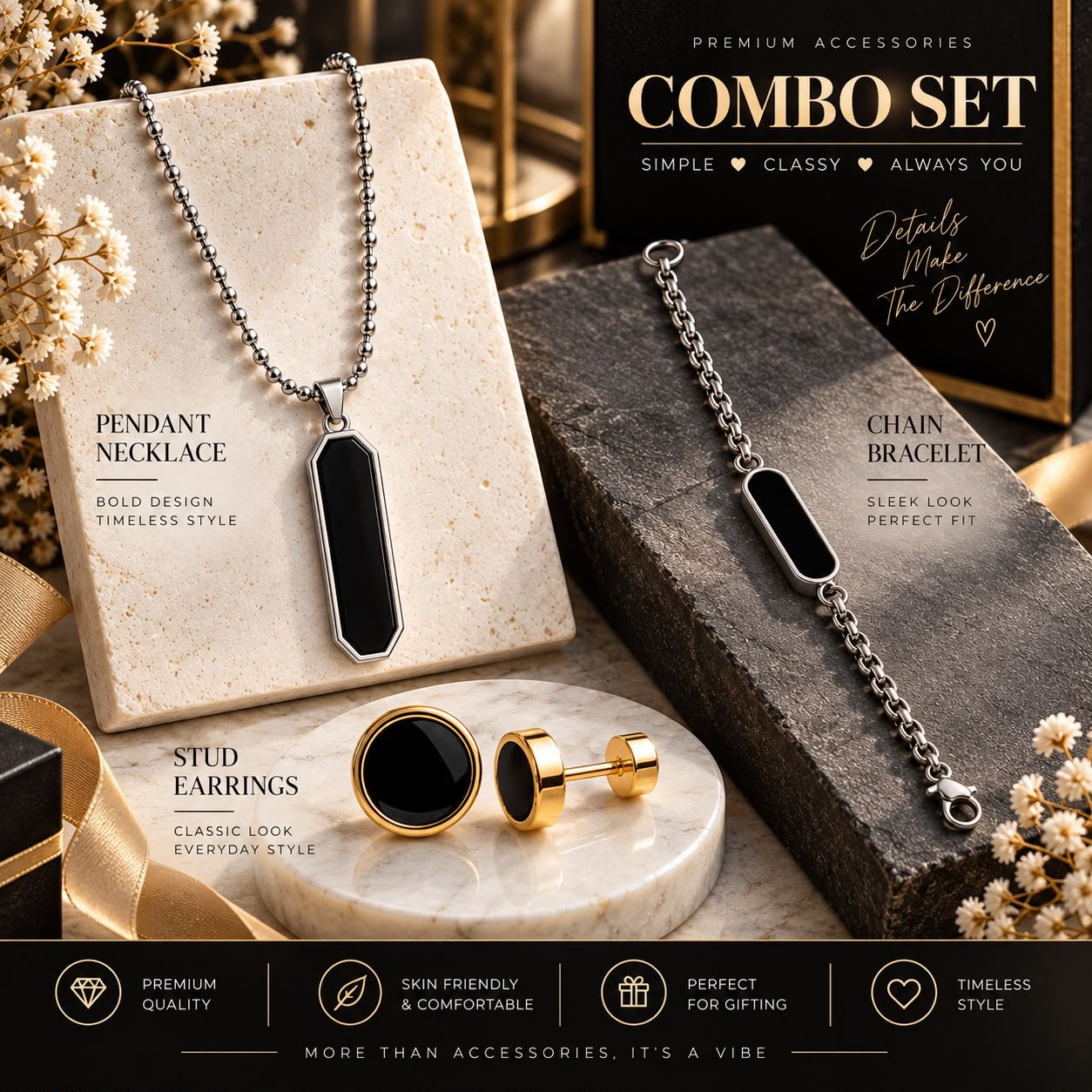 Unisex Stainless Steel Black Hexagon Bar Pendant & ID Bracelet Combo Set