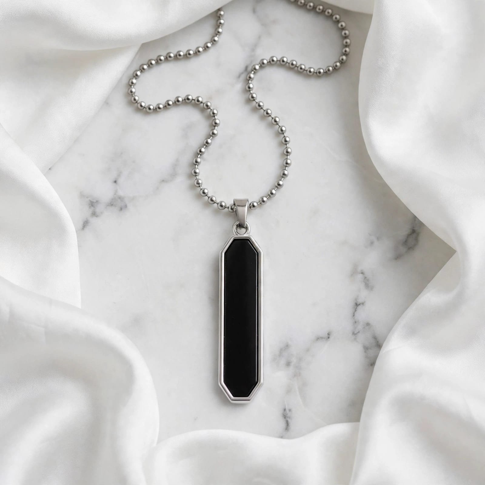 Unisex Stainless Steel Black Hexagon Bar Pendant Ball Chain Necklace