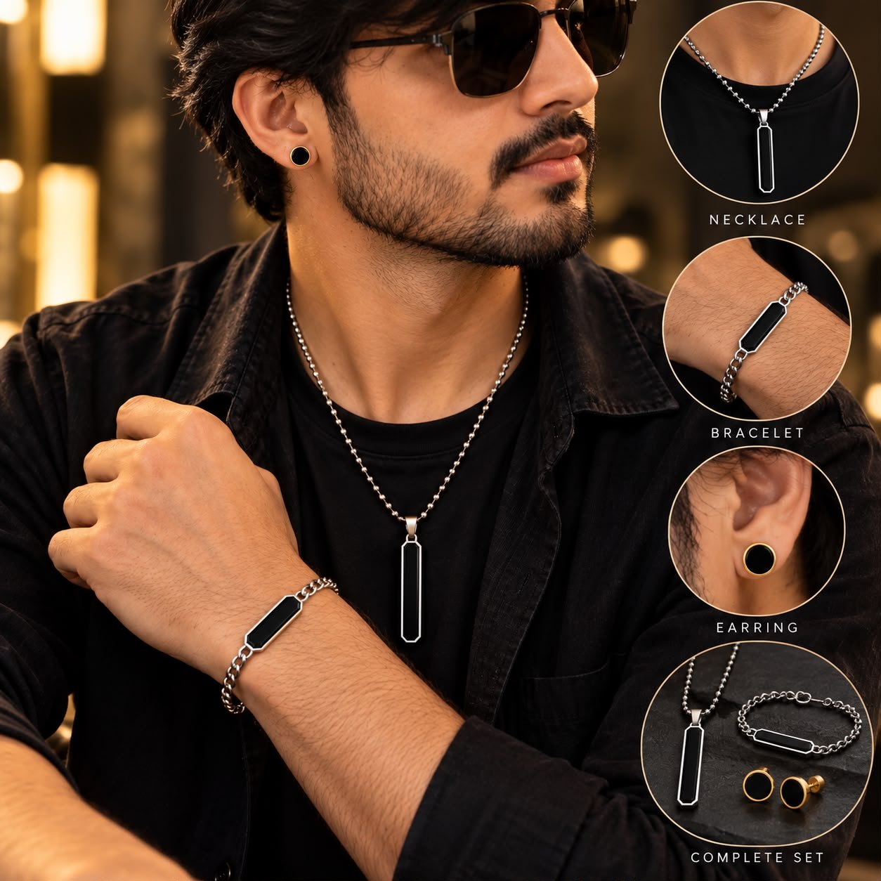 Unisex Stainless Steel Black Hexagon Bar Pendant & ID Bracelet Combo Set - Image 6