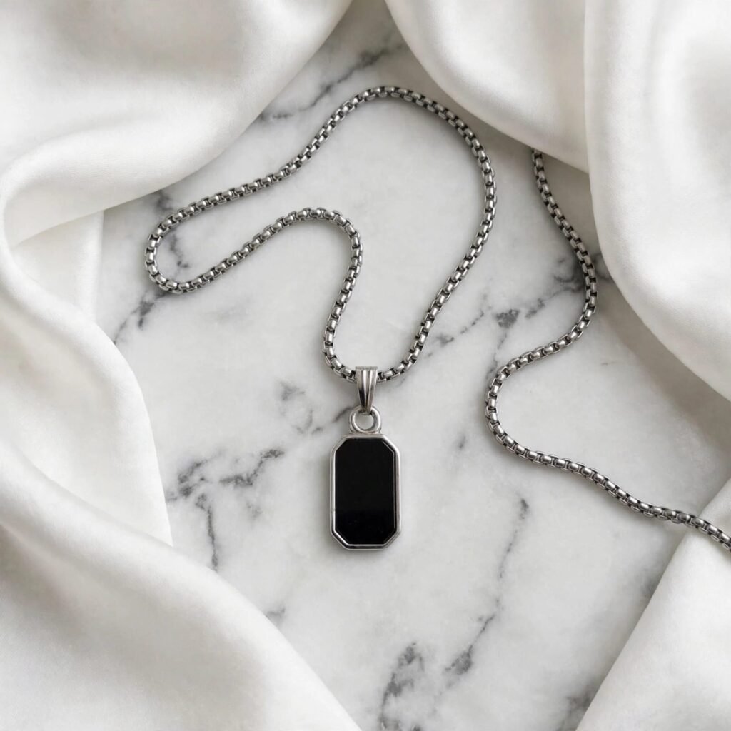 Unisex Stainless Steel Black Octagon Tag Pendant Box Chain Necklace