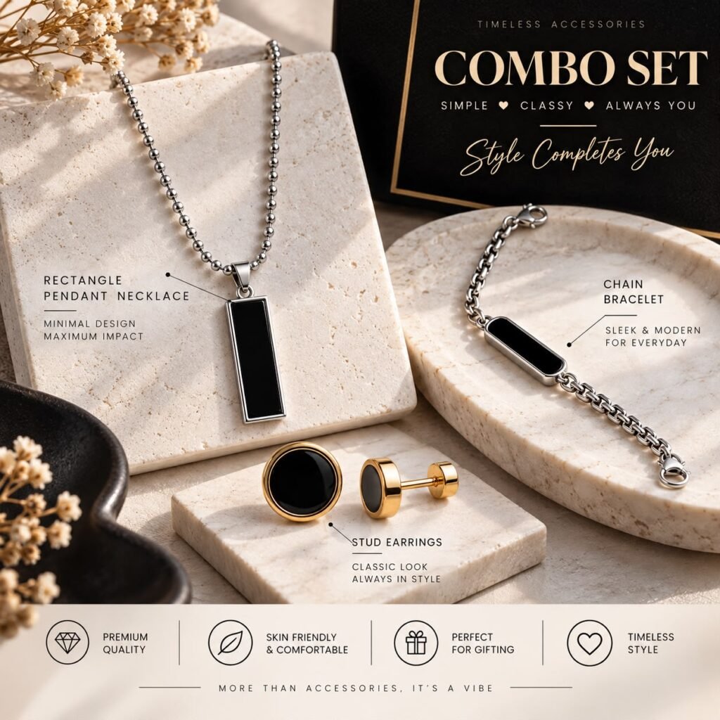 Unisex Stainless Steel Black Rectangle Bar Pendant & ID Bracelet Combo Set