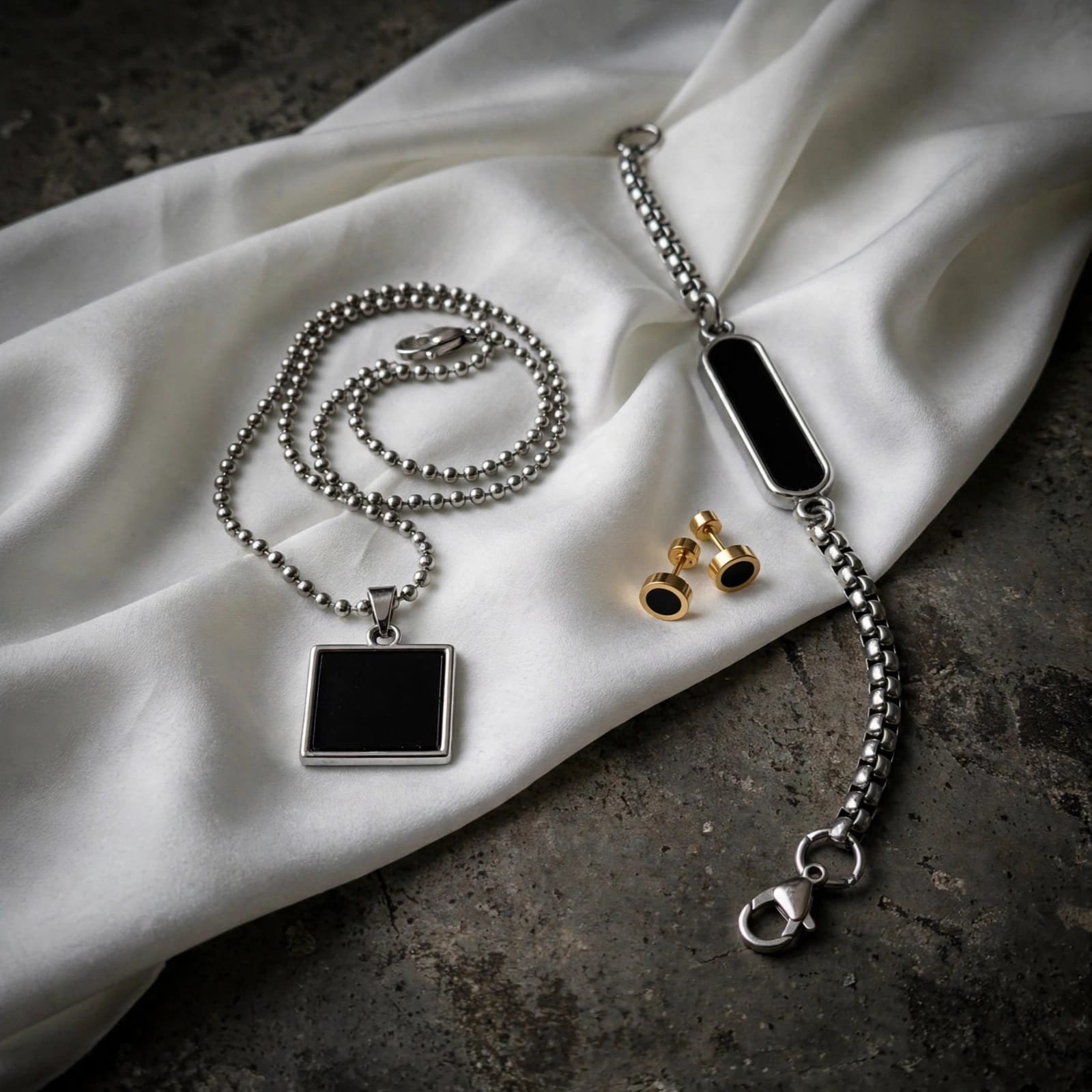 Unisex Stainless Steel Black Square Pendant & ID Bracelet Combo Set - Image 6