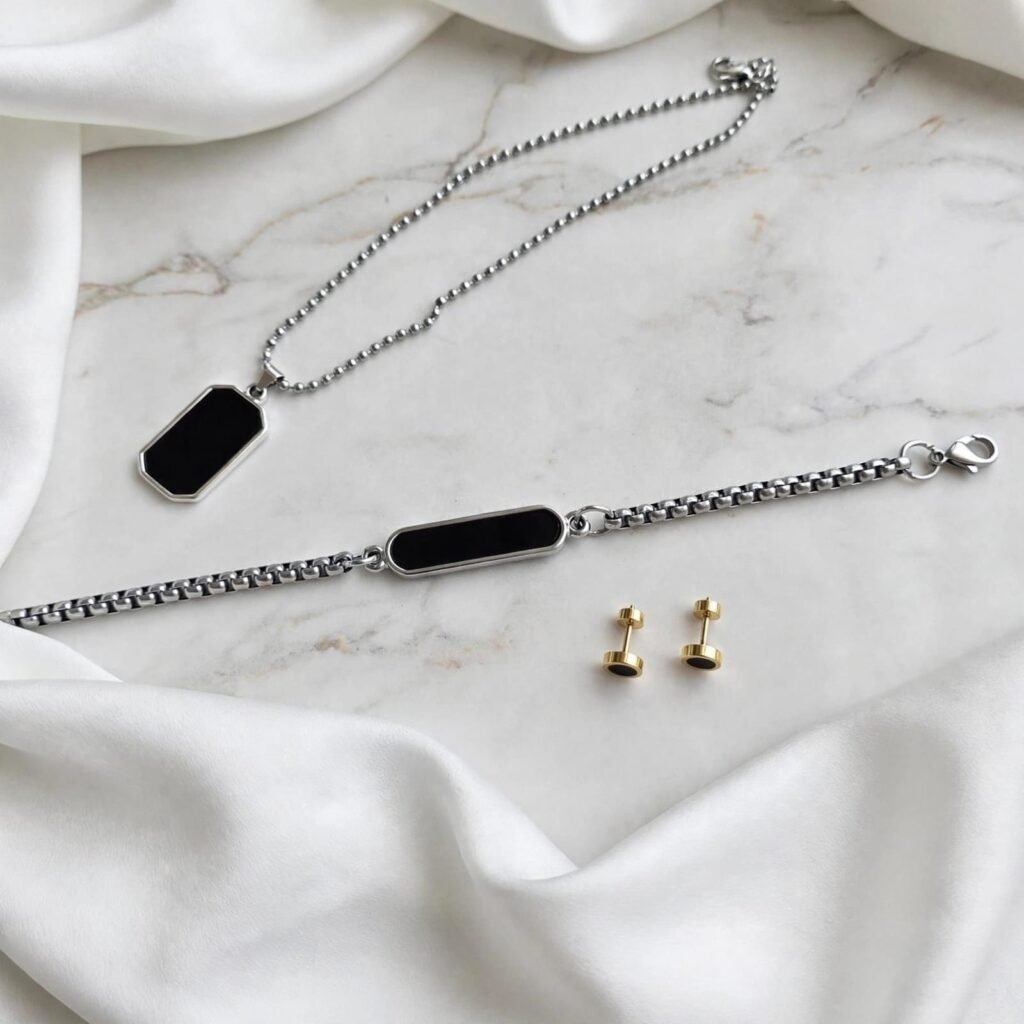 Unisex Stainless Steel Black Octagon Tag Pendant & ID Bracelet Combo Set