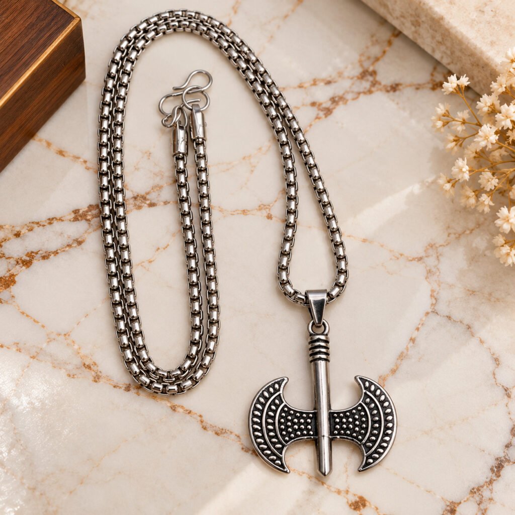 Stylish Stainless Steel Axe Pendant Box Chain Necklace for Men & Boys