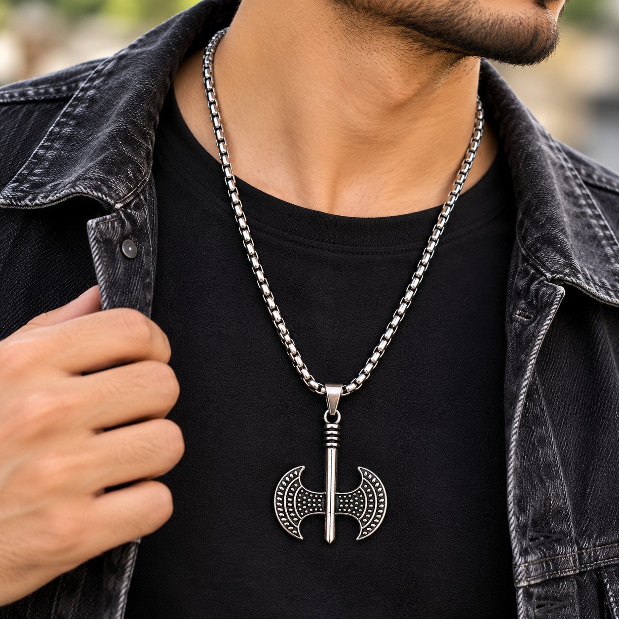 Stylish Stainless Steel Axe Pendant Box Chain Necklace - Image 2