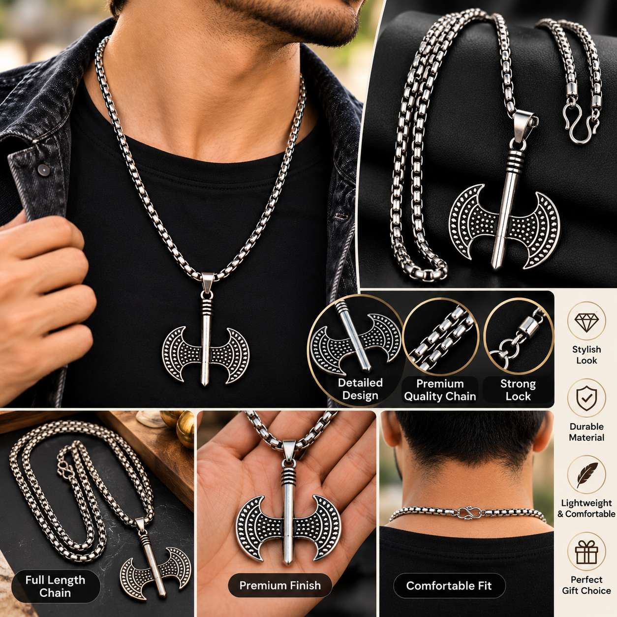 Stylish Stainless Steel Axe Pendant Box Chain Necklace - Image 3