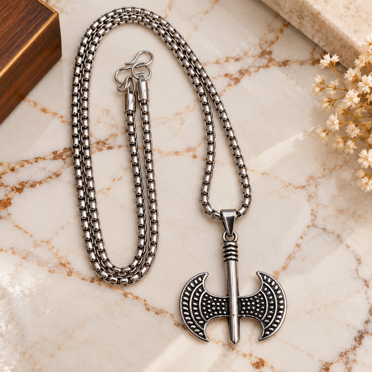 Stylish Stainless Steel Axe Pendant Box Chain Necklace for Men & Boys