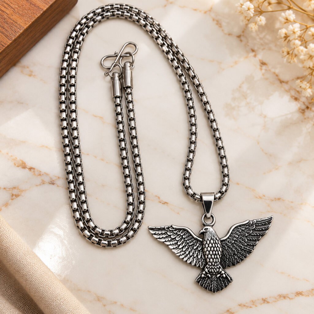 Stylish Stainless Steel Eagle Pendant Box Chain Necklace for Men & Boys