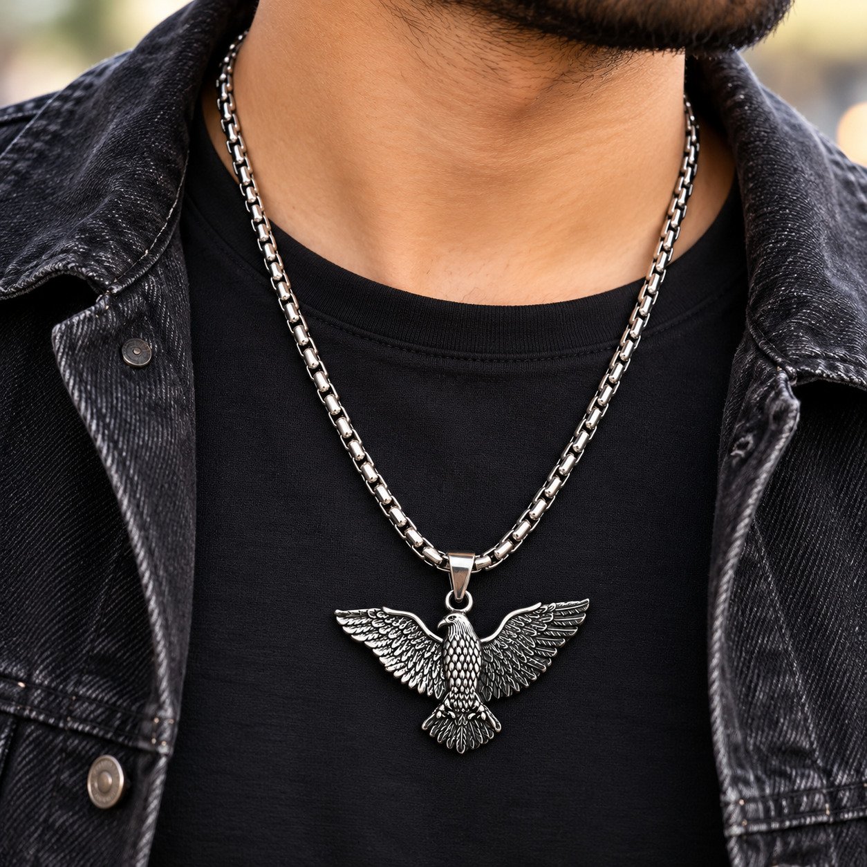 Stylish Stainless Steel Eagle Pendant Box Chain Necklace for Men & Boys - Image 2