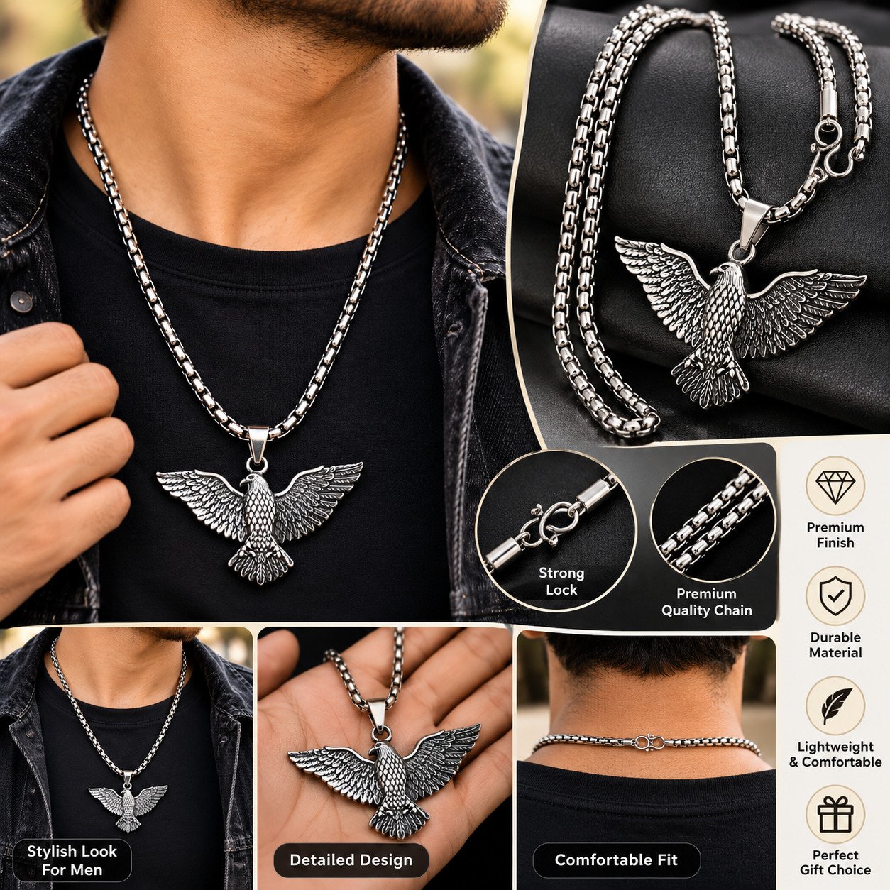 Stylish Stainless Steel Eagle Pendant Box Chain Necklace for Men & Boys - Image 3