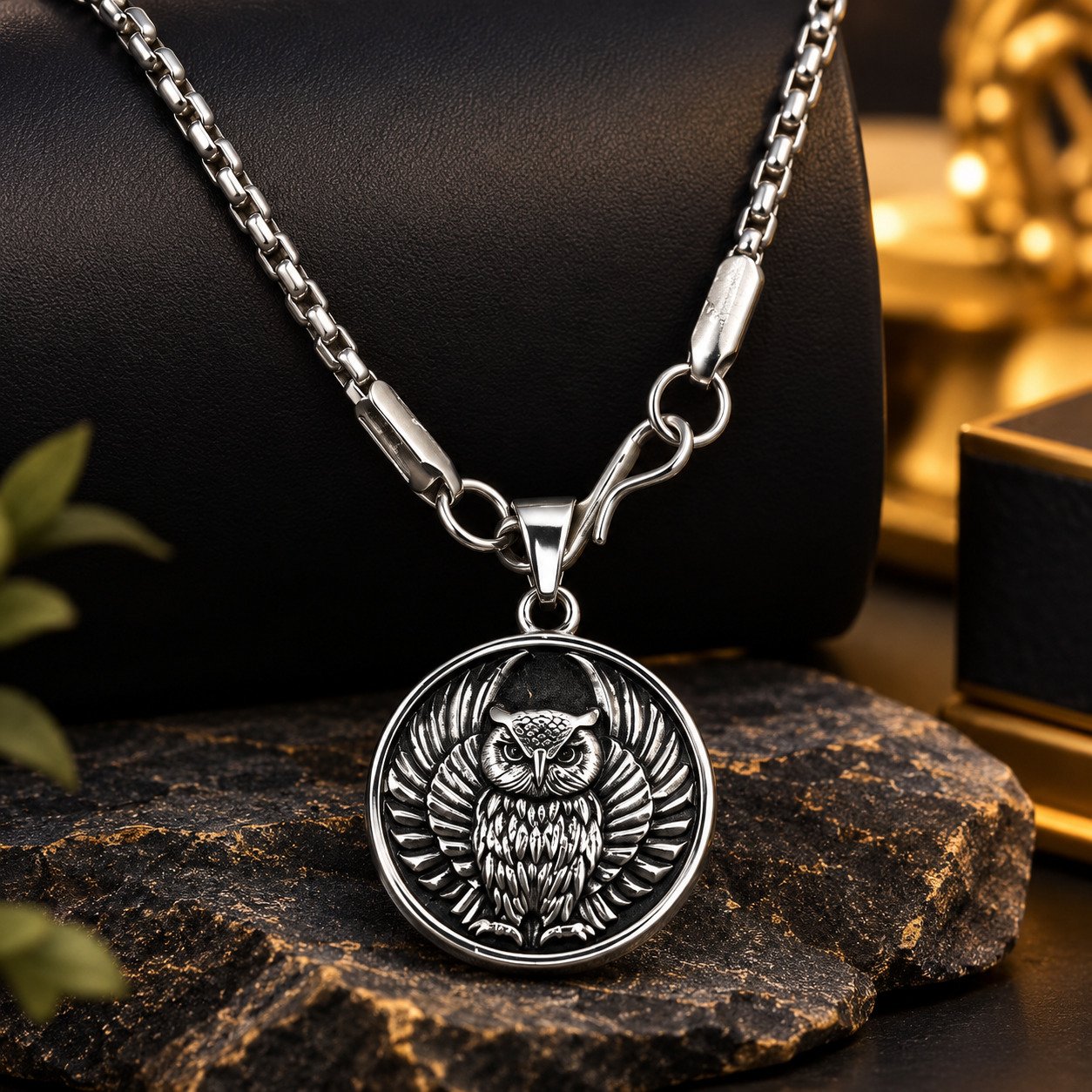 Stylish Stainless Steel Owl Pendant Box Chain Necklace - Image 2