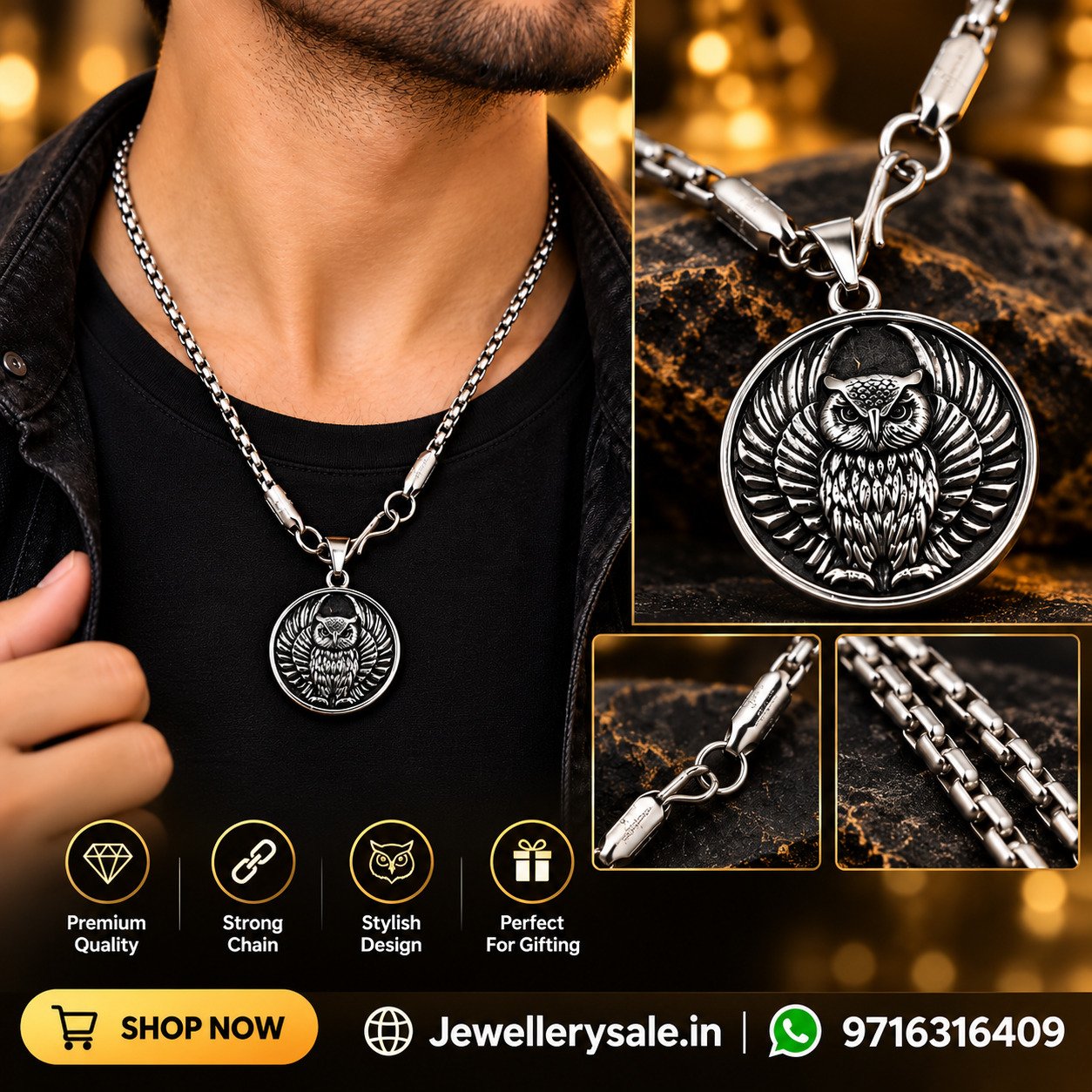 Stylish Stainless Steel Owl Pendant Box Chain Necklace - Image 3