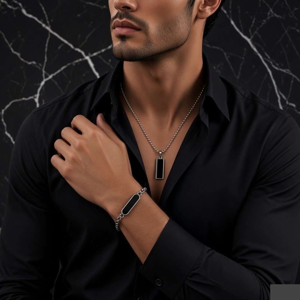 Unisex Stainless Steel Black Rectangle Bar Pendant & ID Bracelet Combo Set - Image 5