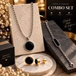Unisex Stainless Steel Black circle Pendant & ID Bracelet Set
