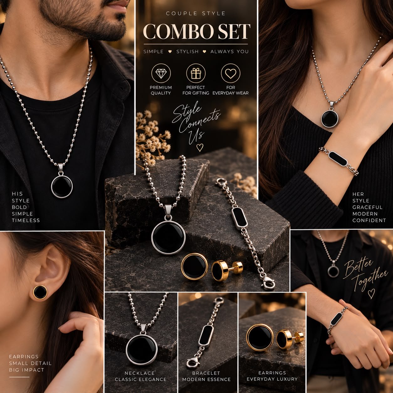 Unisex Stainless Steel Black Circle Pendant & ID Bracelet Combo Set - Image 5