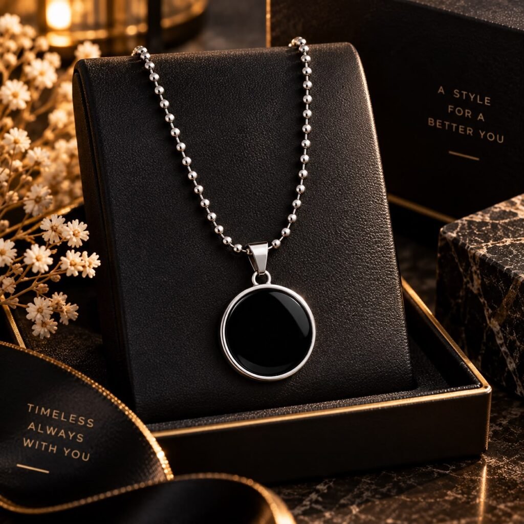 Unisex Stainless Steel Black Circle Pendant Ball Chain Necklace