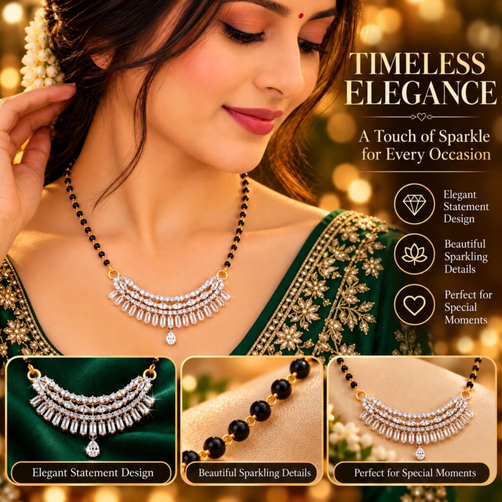 Women Gold-Plated 3-Tier CZ Baguette & Marquise Statement Mangalsutra