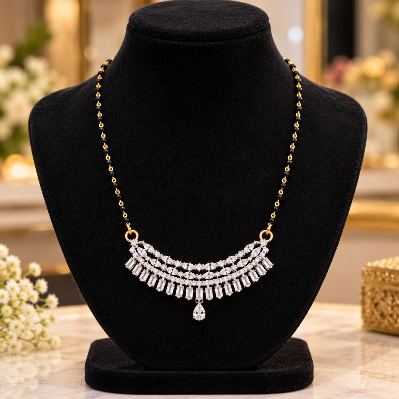 Women Gold-Plated 3-Tier CZ Baguette & Marquise Statement Mangalsutra - Image 2