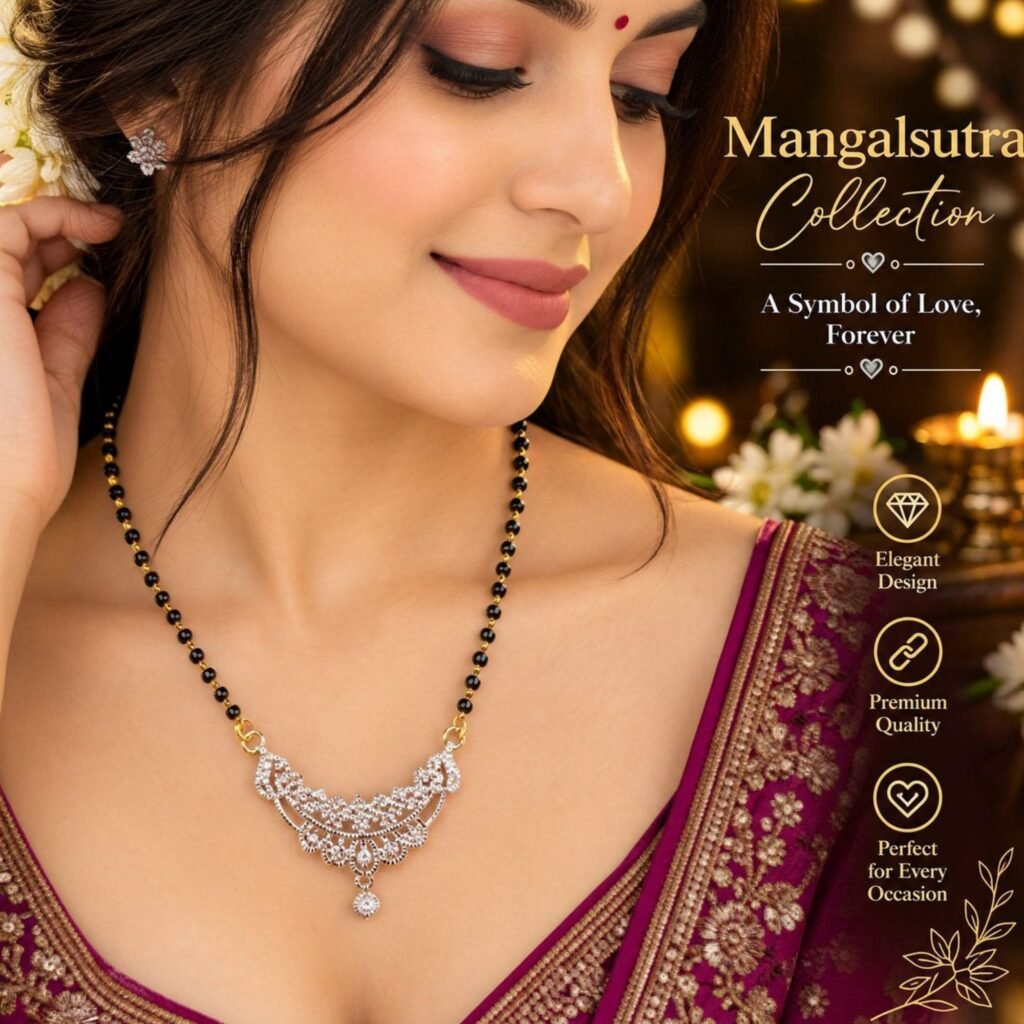 Women Gold-Plated 3-Tier Filigree Mesh CZ Crescent Mangalsutra