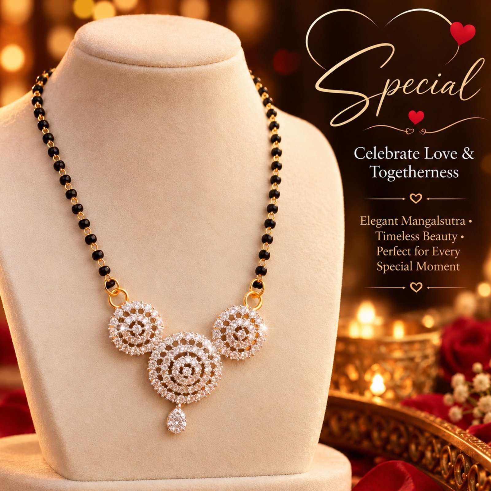 Women Gold-Plated 3-Wheel Floral CZ Circle Cluster Mangalsutra