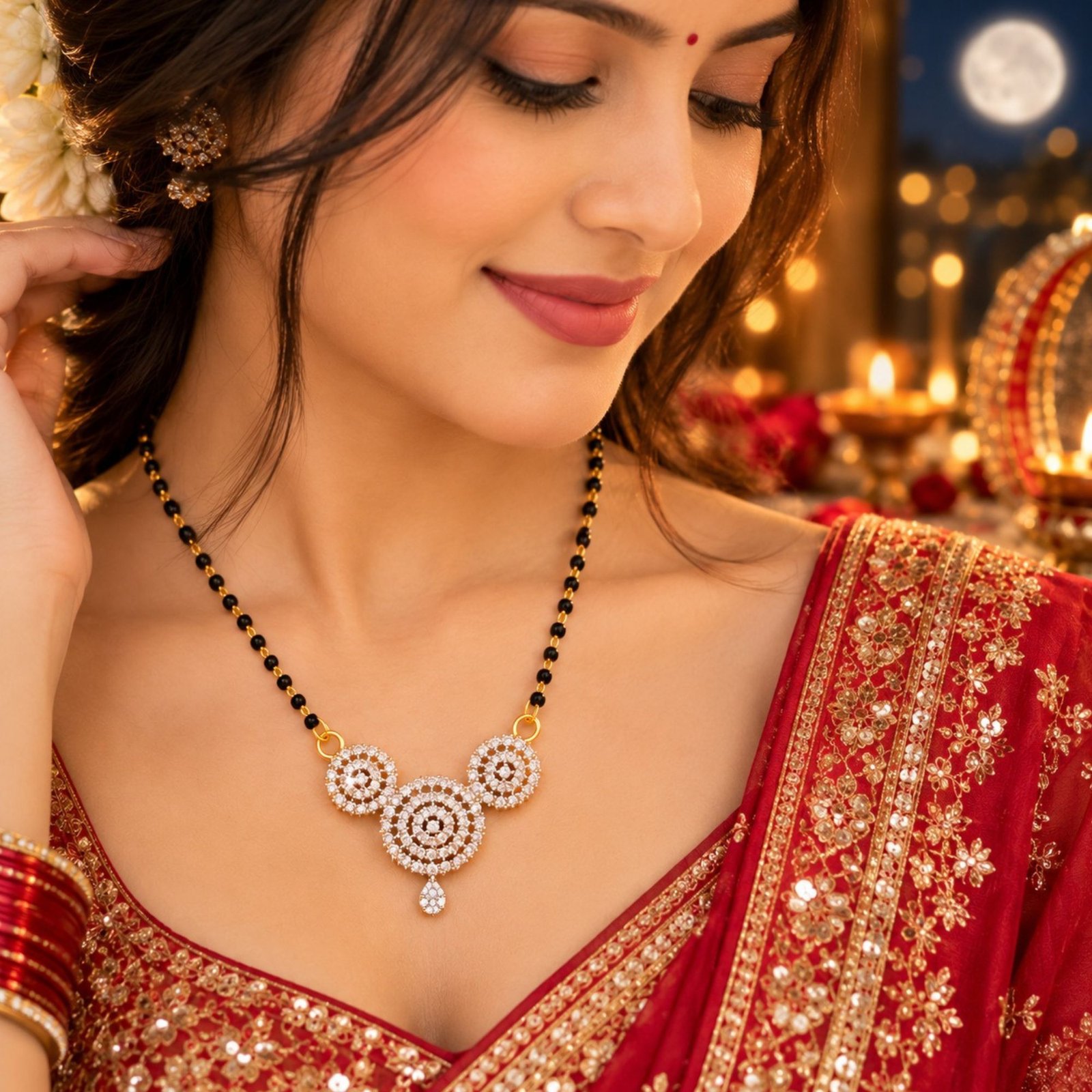 Women Gold-Plated 3-Wheel Floral CZ Circle Cluster Mangalsutra - Image 3
