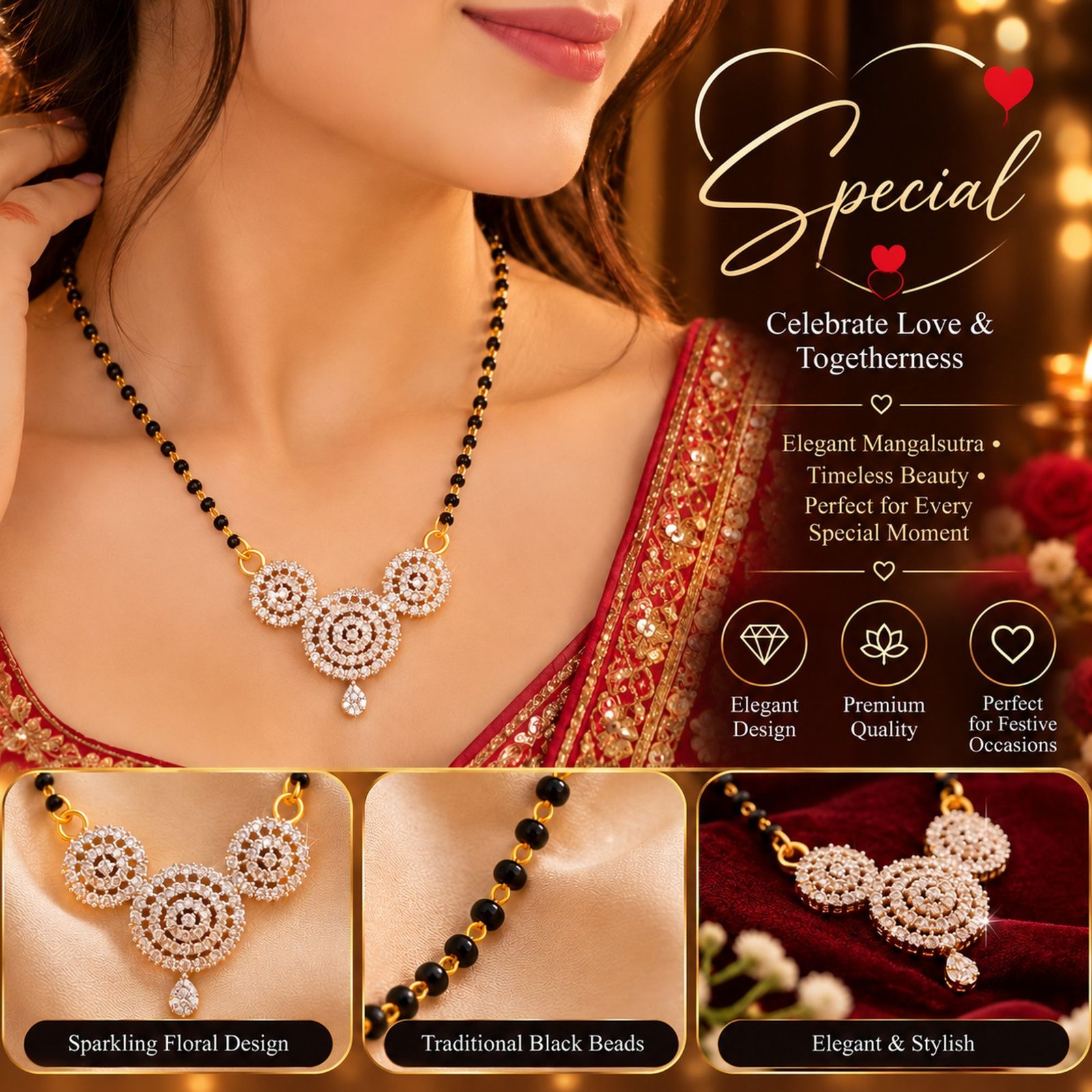 Women Gold-Plated 3-Wheel Floral CZ Circle Cluster Mangalsutra - Image 2