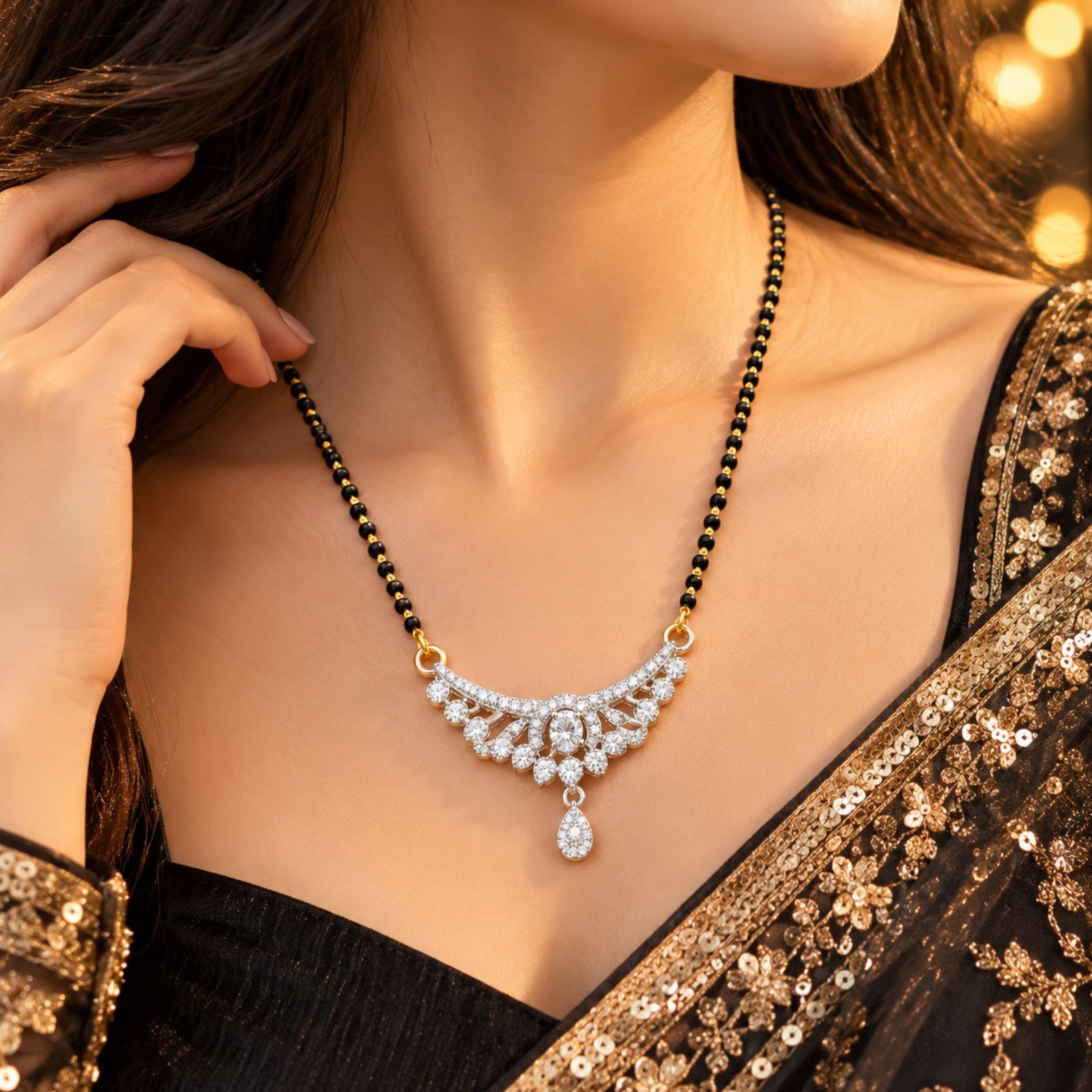 Women Gold-Plated CZ Crescent Arch Feather Lattice Mangalsutra - Image 8