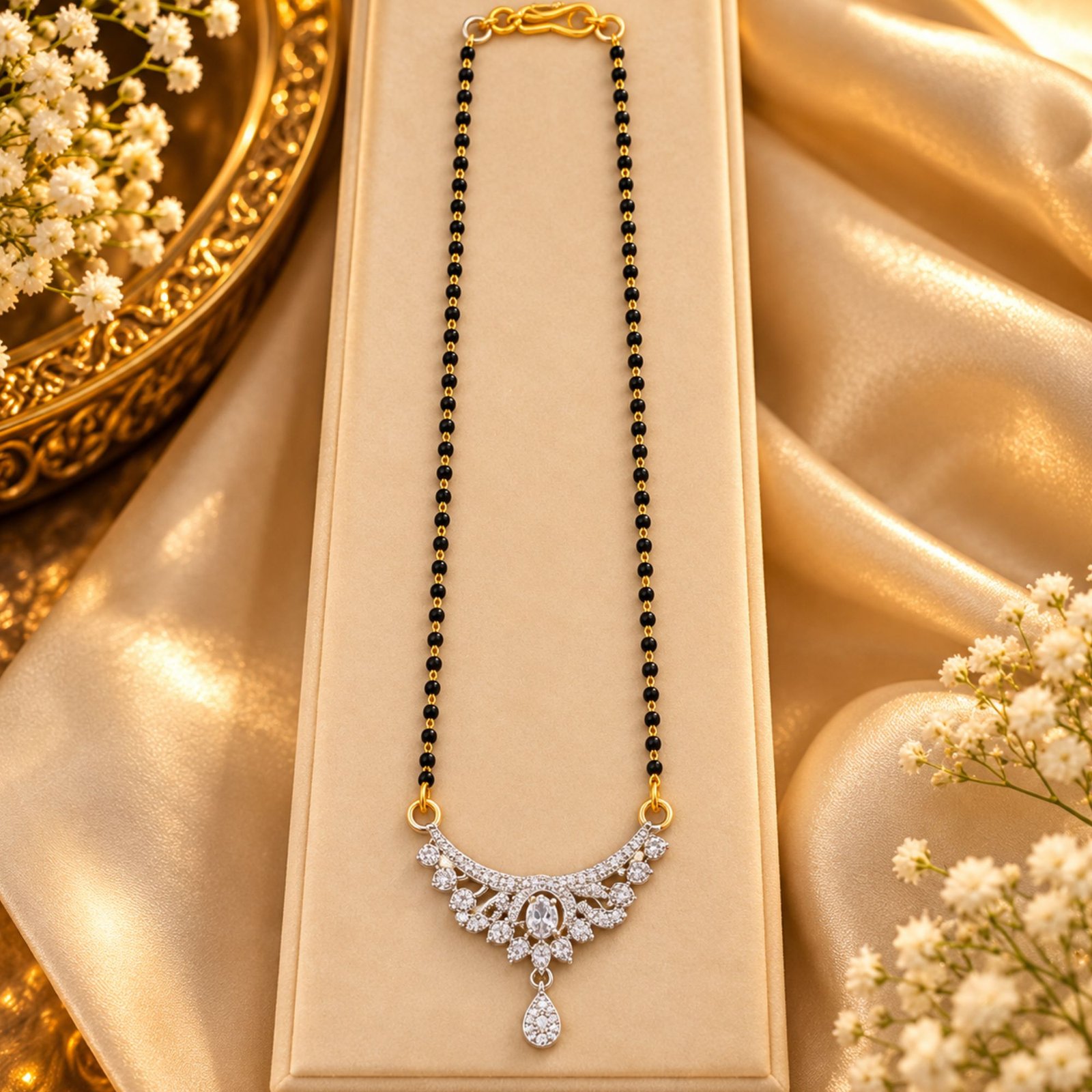 Women Gold-Plated CZ Crescent Arch Feather Lattice Mangalsutra - Image 7