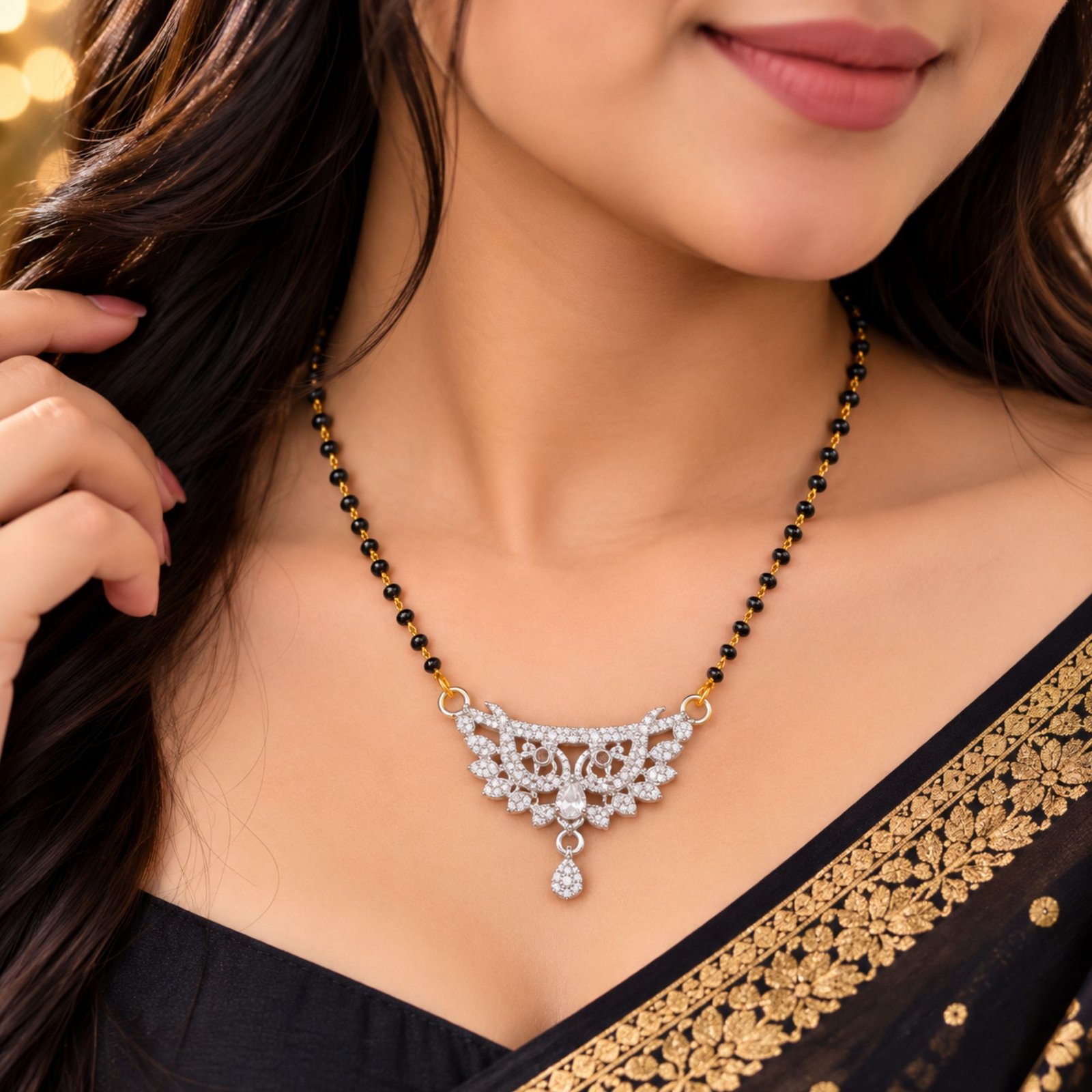 Women Gold-Plated CZ Crescent Arch Feather Lattice Mangalsutra - Image 6