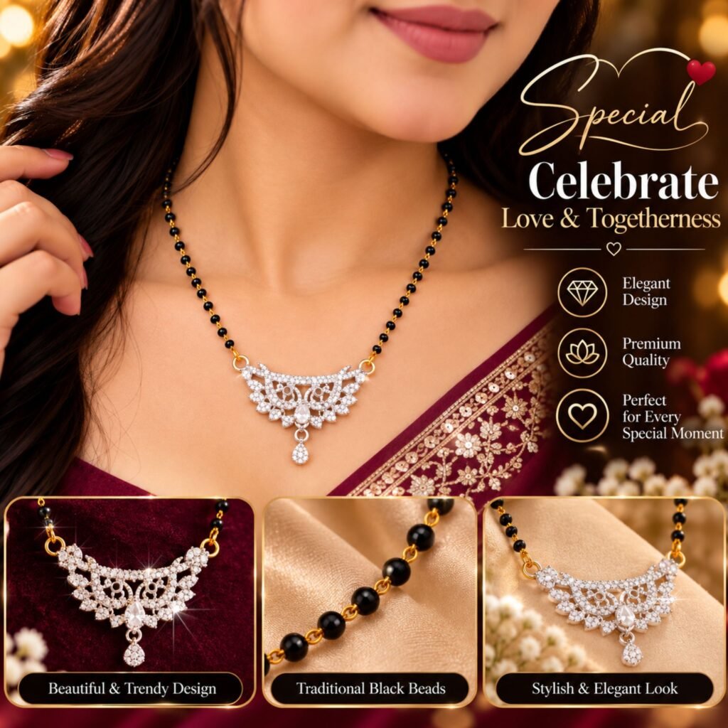 Women Gold-Plated CZ Crescent Arch Feather Lattice Mangalsutra