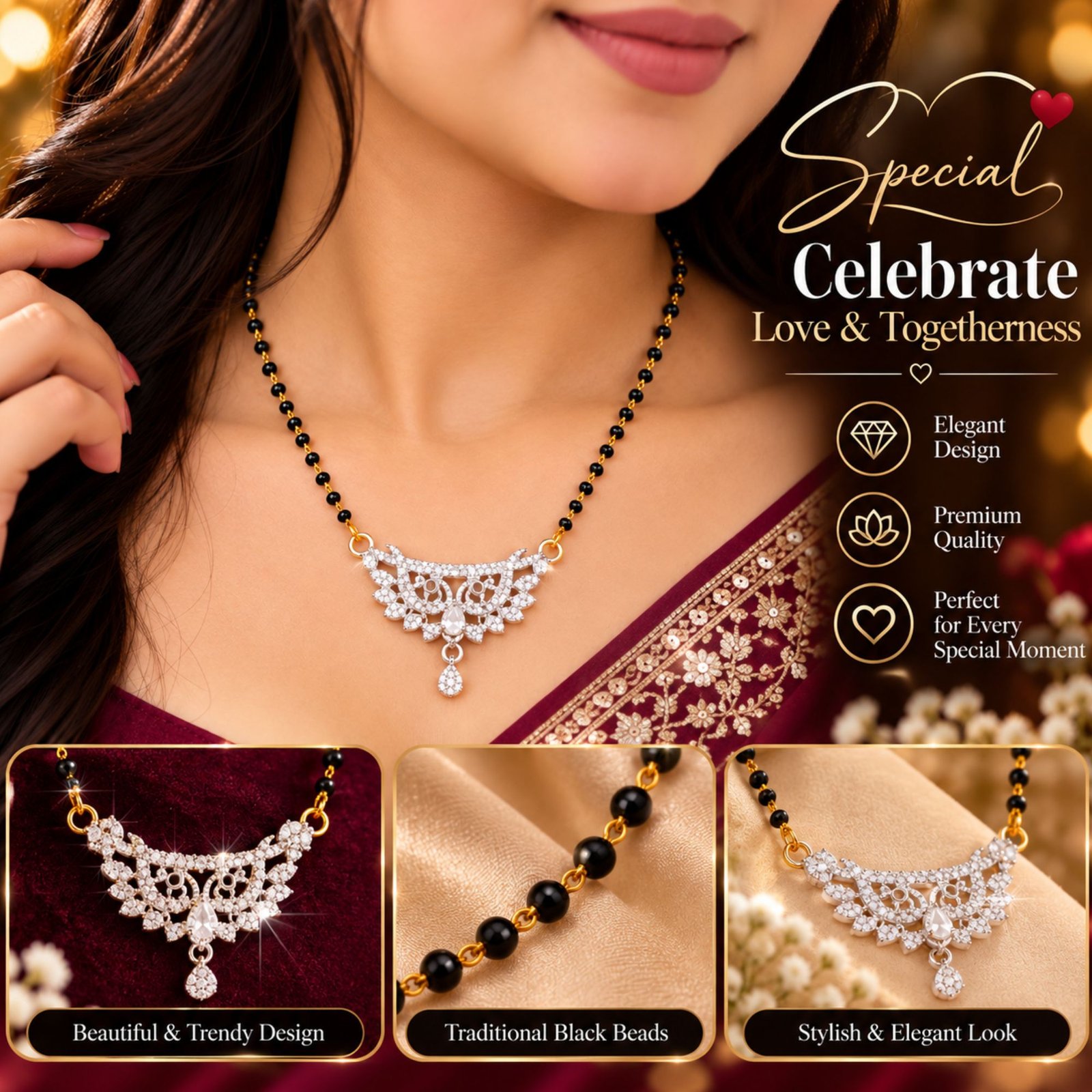 Women Gold-Plated CZ Crescent Arch Feather Lattice Mangalsutra